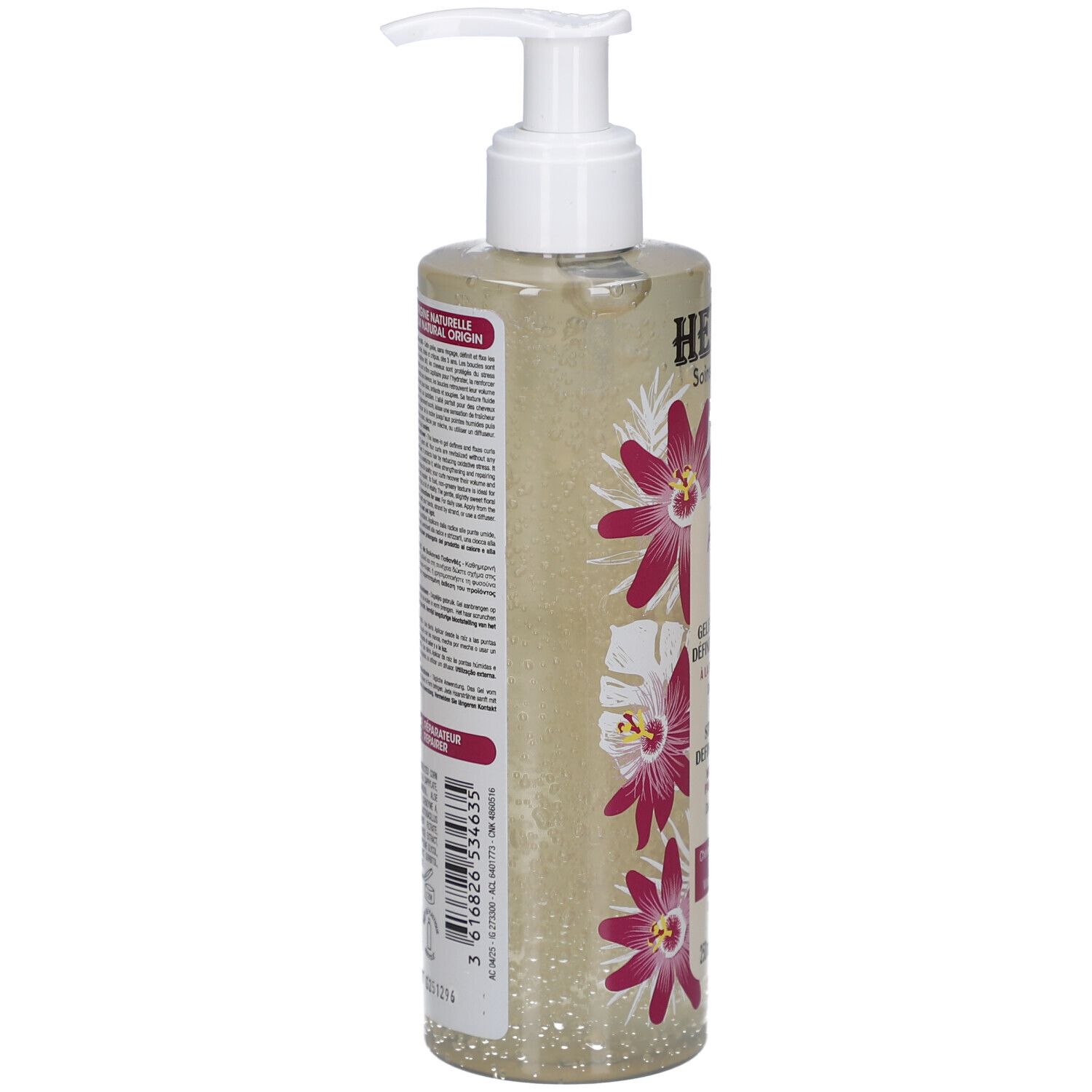 Rückseite der Flasche. Text und Barcode. Blumenmuster. Aufschrift: Hei Poa, Soins Capillaires.