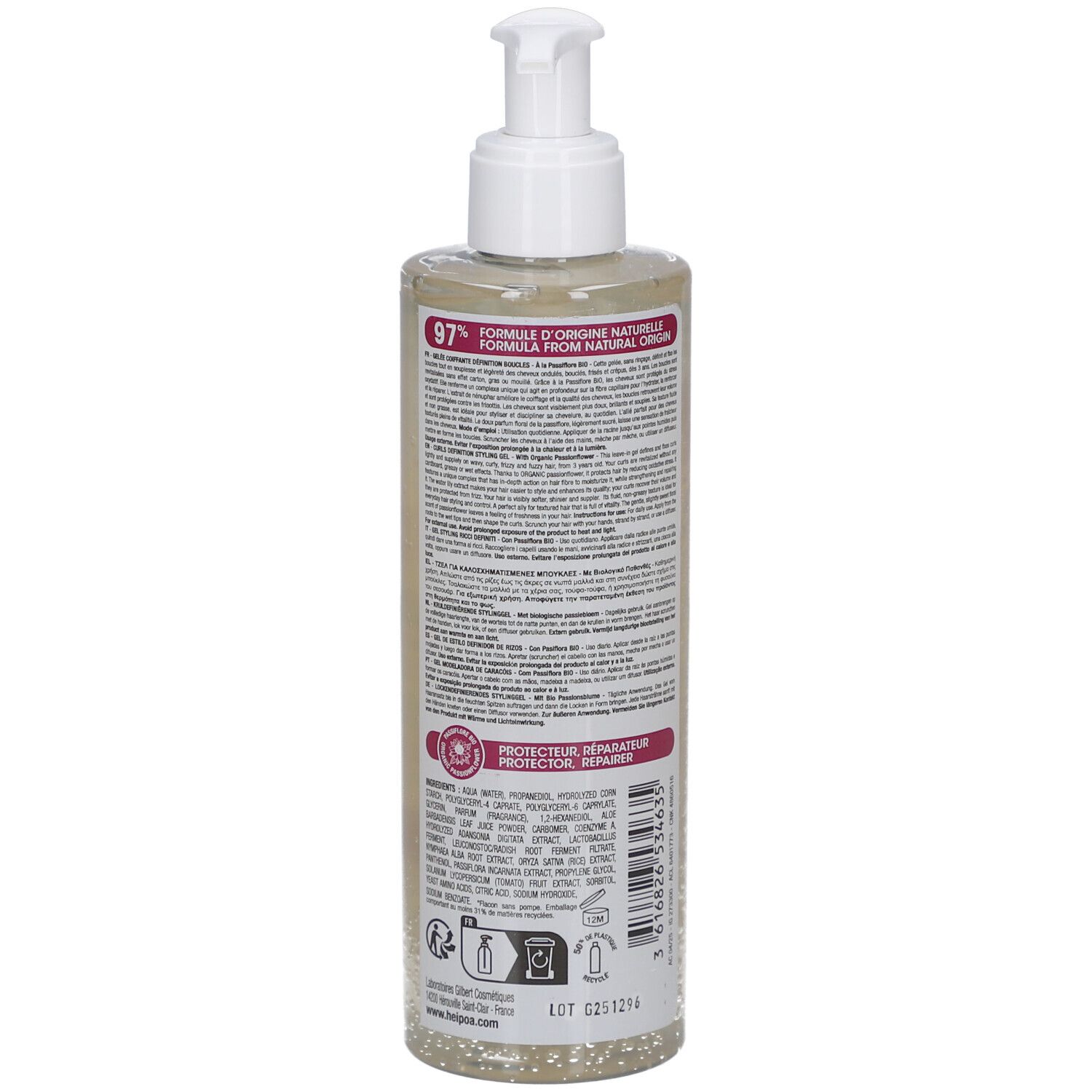 Rückseite der Flasche. Text und Barcode. Aufschrift: 97% Formule d'origine naturelle. Protector Reparateur.
