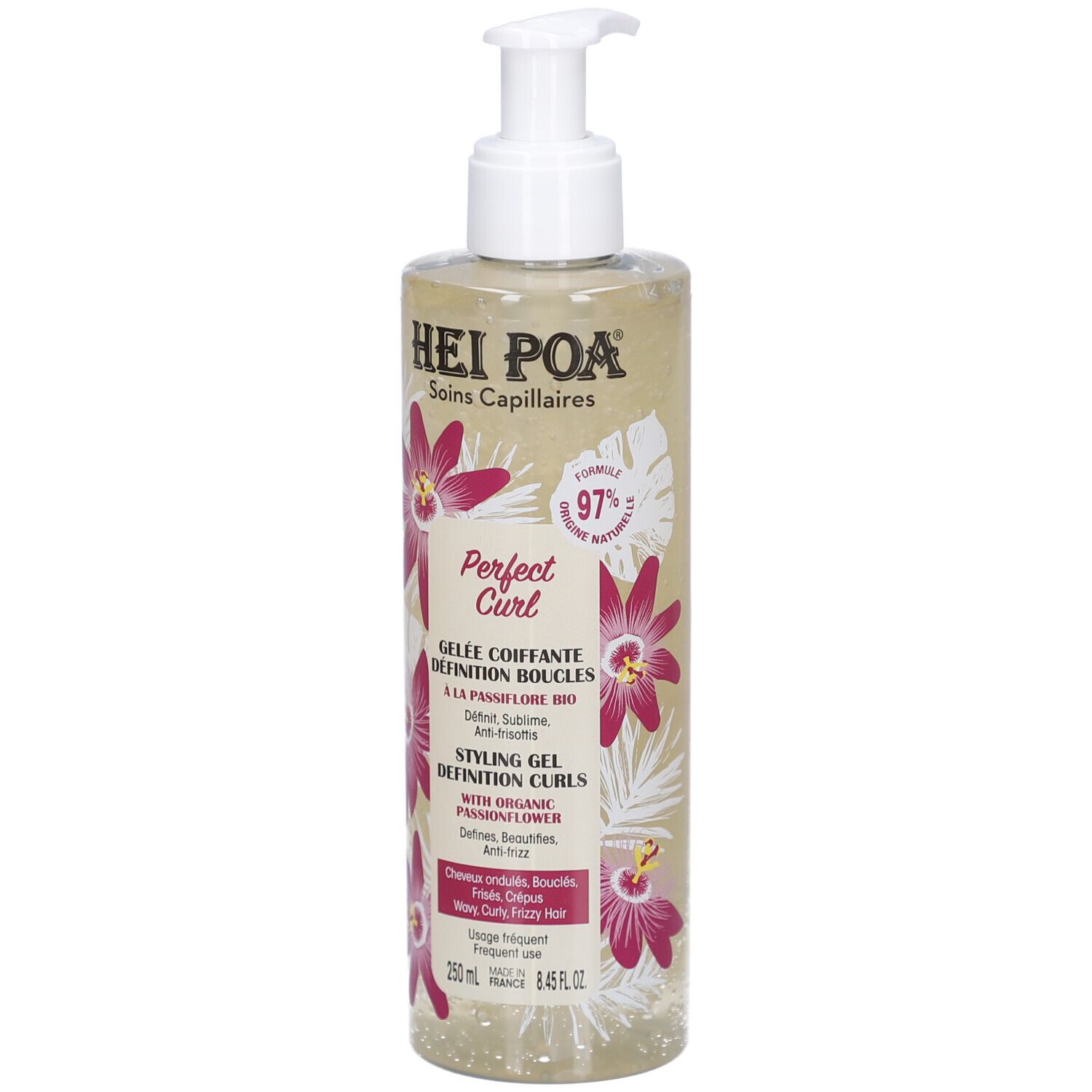 Transparente Flasche mit Pumpe. Aufschrift: Hei Poa, Perfect Curl, Gelée Coiffante, Definition Boucles. Mit Blumenmuster.