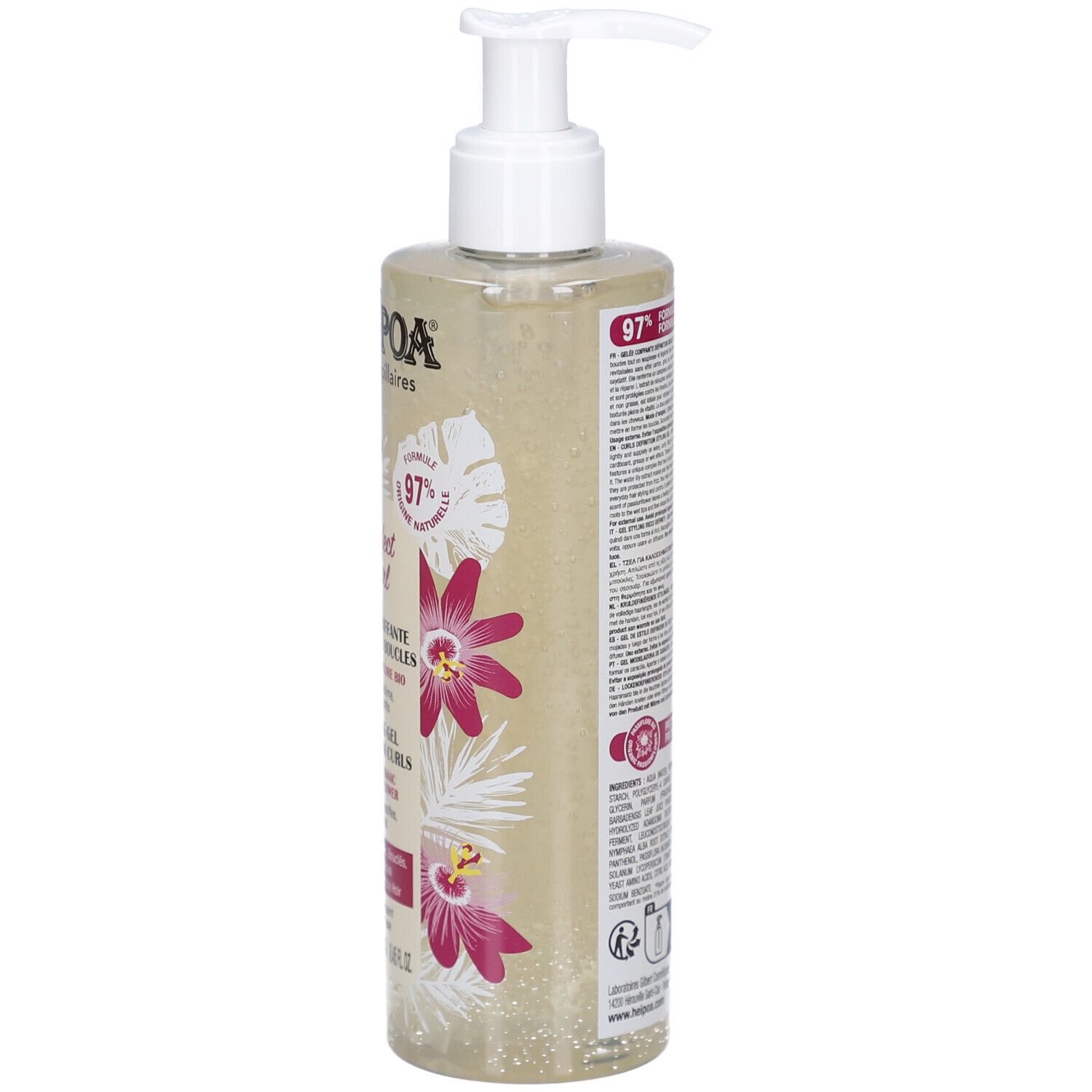 Rückseite der Flasche. Text und Barcode. Blumenmuster. Aufschrift: Hei Poa, Soins Capillaires.