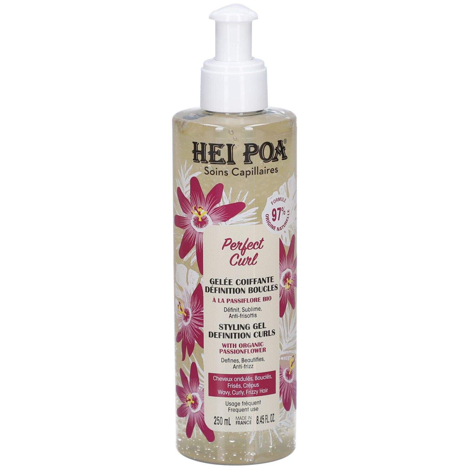 Transparente Flasche mit Pumpe. Aufschrift: Hei Poa, Perfect Curl, Gelée Coiffante, Definition Boucles. Mit Blumenmuster.
