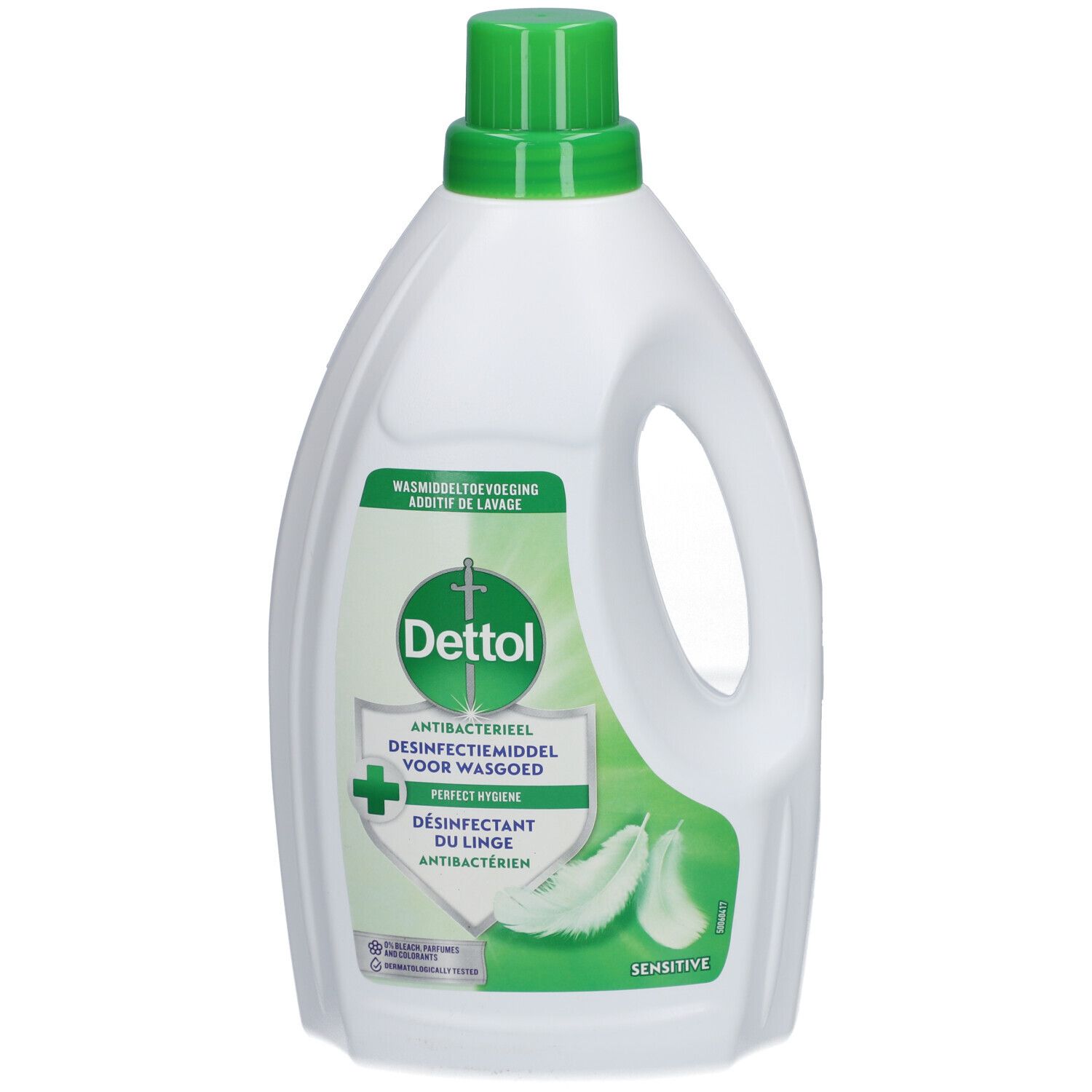 Weiße Flasche mit grünem Deckel. Dettol-Logo und Produktbezeichnung. Antibakterielles Waschmittel. Sensitive.