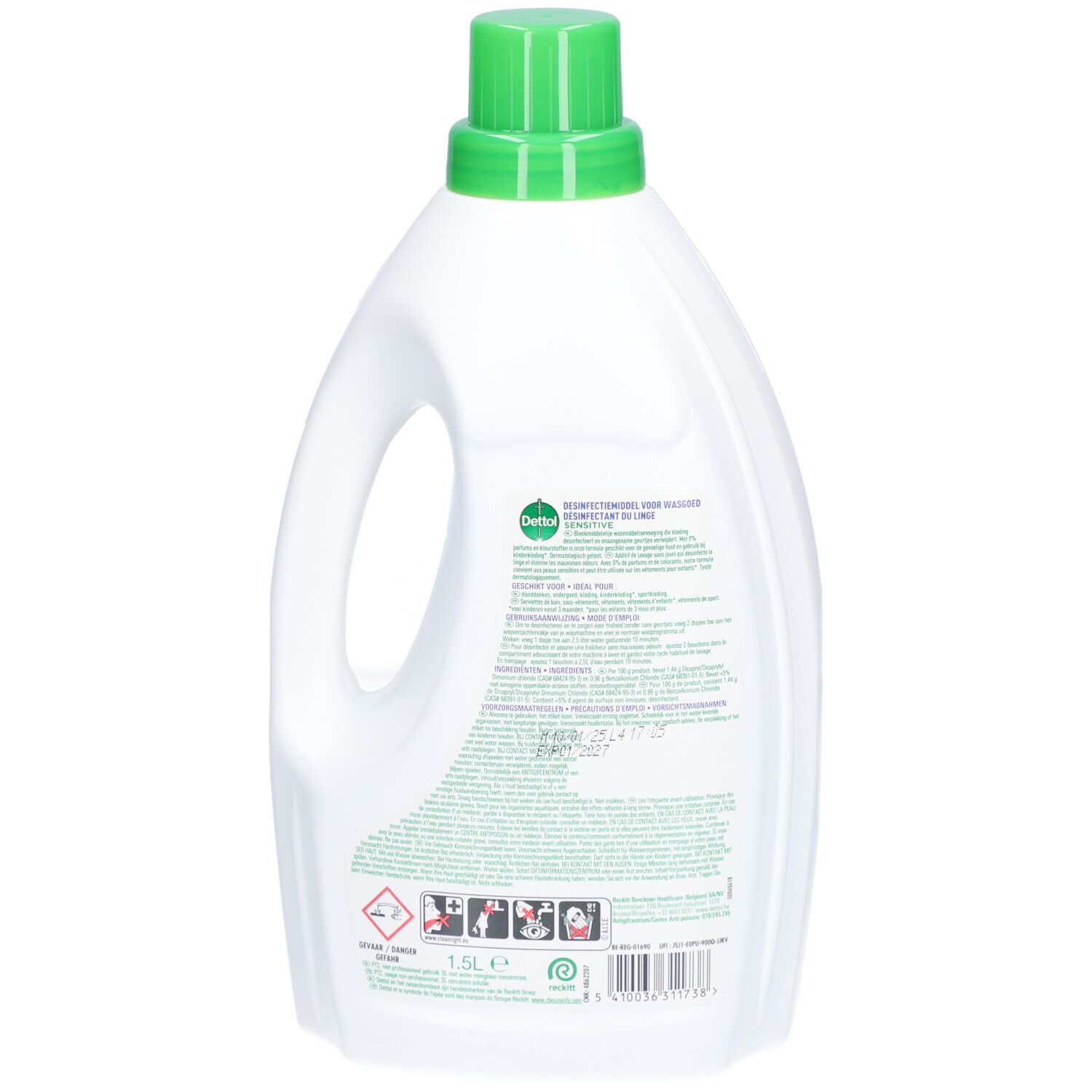 Rückseite der weißen Flasche. Textinformationen und Warnhinweise. Dettol-Logo. 1,5L.