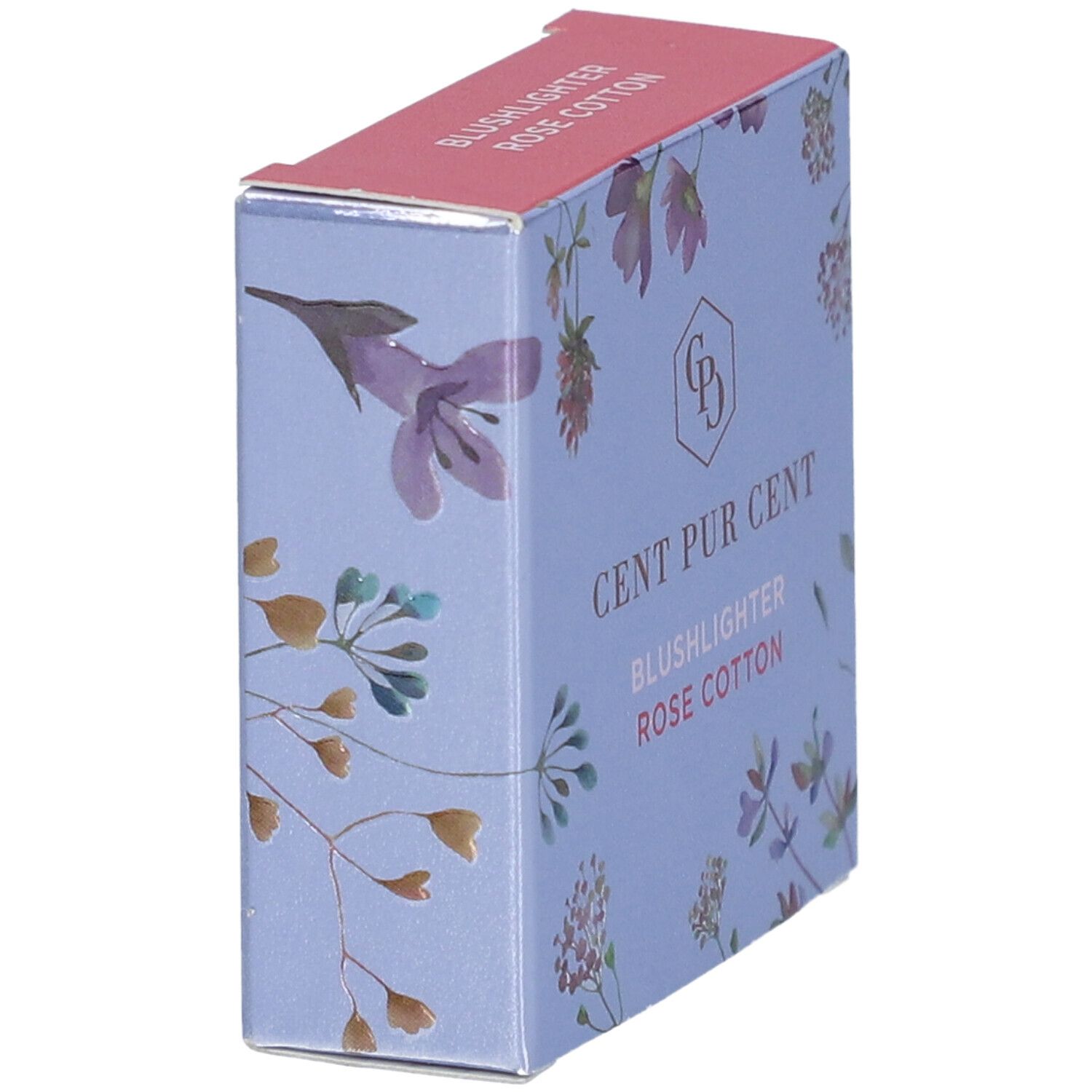 Seitenansicht der Verpackung von Cent Pur Cent Blushlighter Rose Coton. Hellblauer Karton mit floralem Muster und Produktbezeichnung.