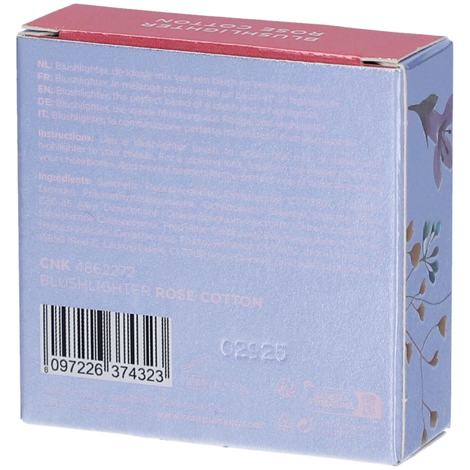 Rückseite der Verpackung von Cent Pur Cent Blushlighter Rose Coton. Hellblauer Karton mit Text und Barcode.