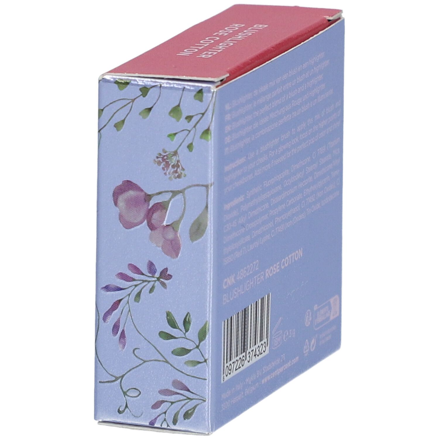Seitenansicht der Verpackung von Cent Pur Cent Blushlighter Rose Coton. Hellblauer Karton mit floralem Muster und Text.