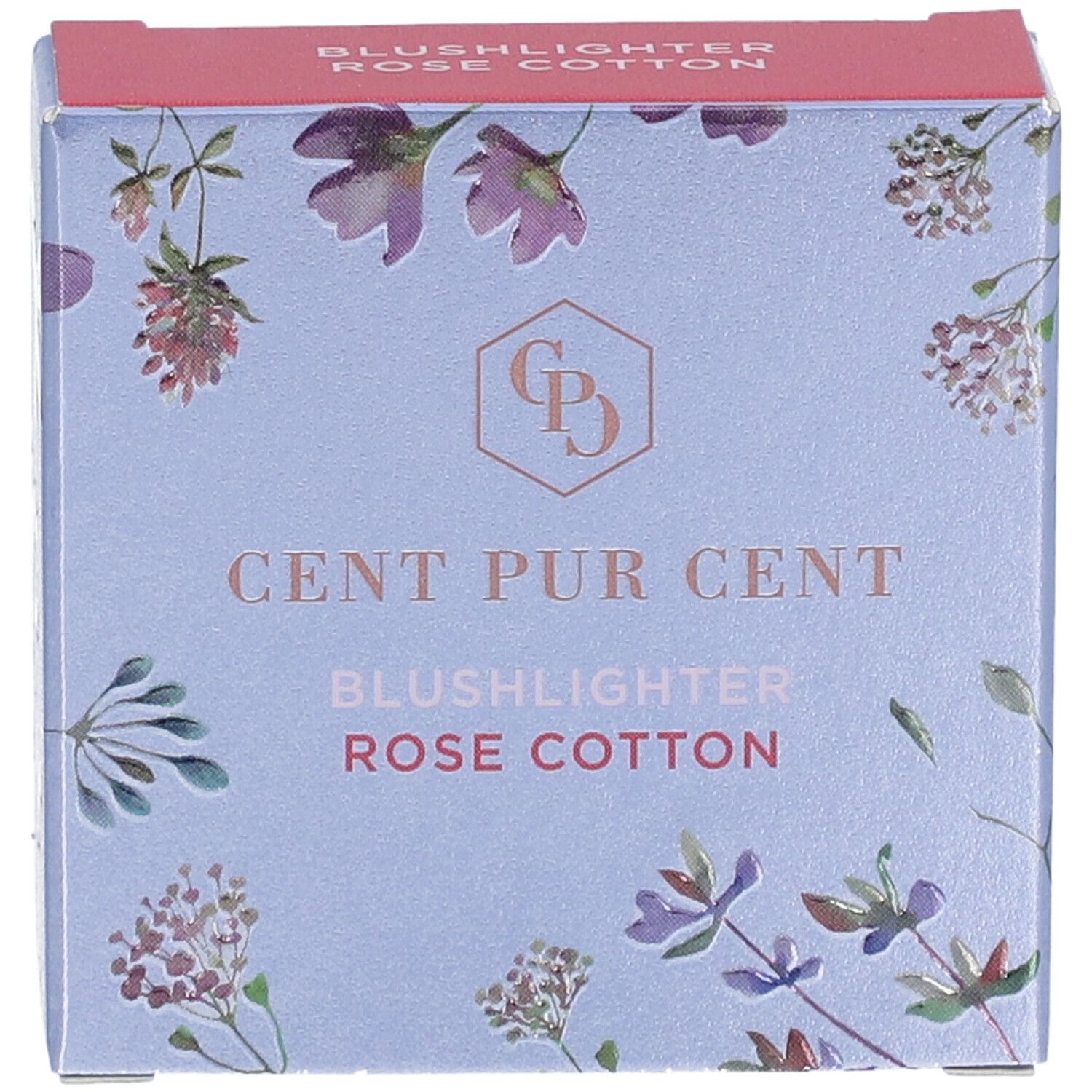 Draufsicht auf die Verpackung von Cent Pur Cent Blushlighter Rose Coton. Hellblauer Karton mit floralem Muster und Produktbezeichnung.