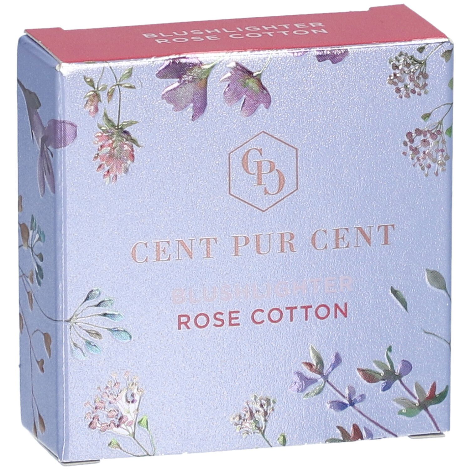 Schrägansicht der Verpackung von Cent Pur Cent Blushlighter Rose Coton. Hellblauer Karton mit floralem Muster und Produktbezeichnung.