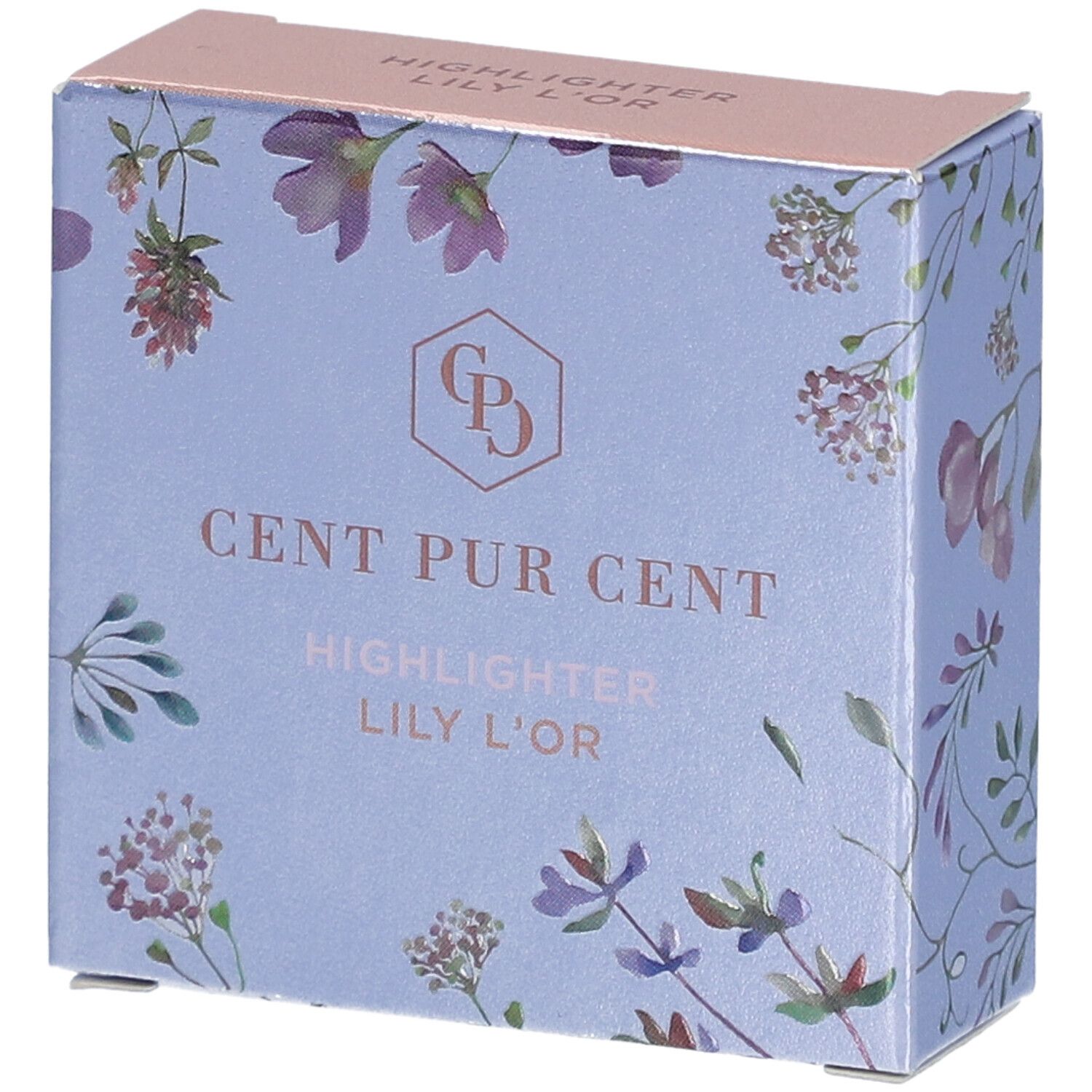 Verpakking van de Cent Pur Cent Textmarker Lily L'or. Lichtblauwe doos met bloemmotief en productnaam.