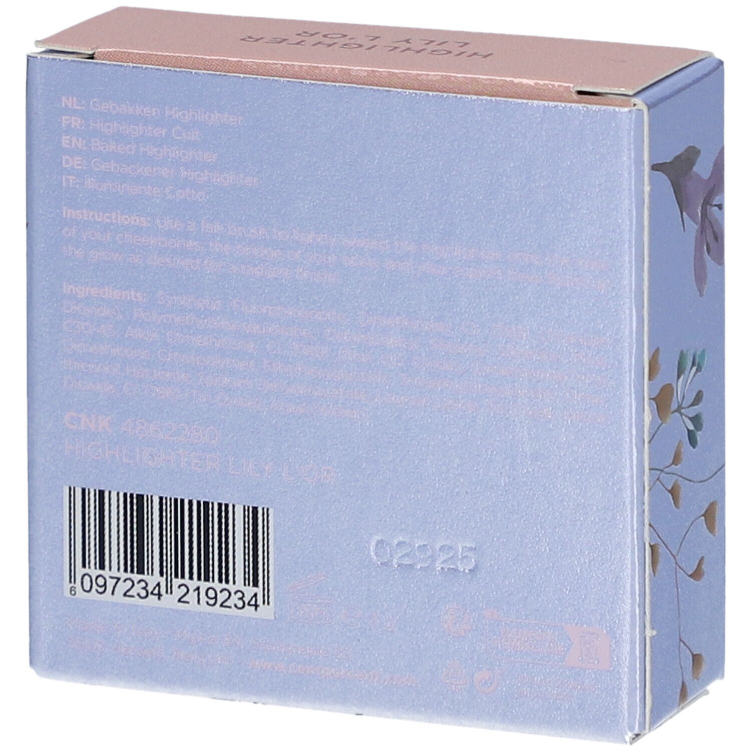 Achterkant van de verpakking van de Cent Pur Cent Textmarker Lily L'or. Tekst met ingrediënten, barcode en batchnummer.