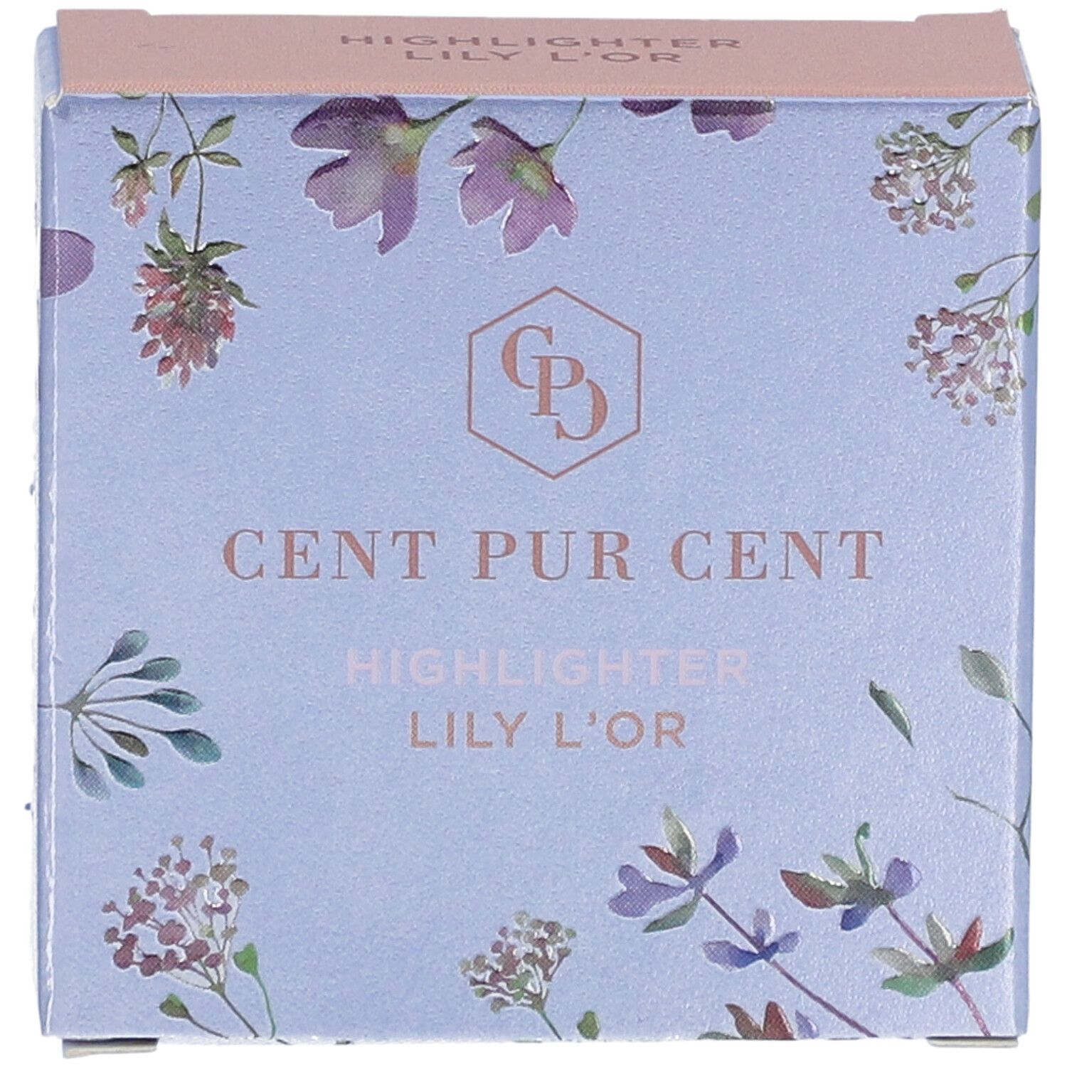 Bovenaanzicht van de verpakking van de Cent Pur Cent Textmarker Lily L'or. Lichtblauwe doos met bloemmotief en productnaam.
