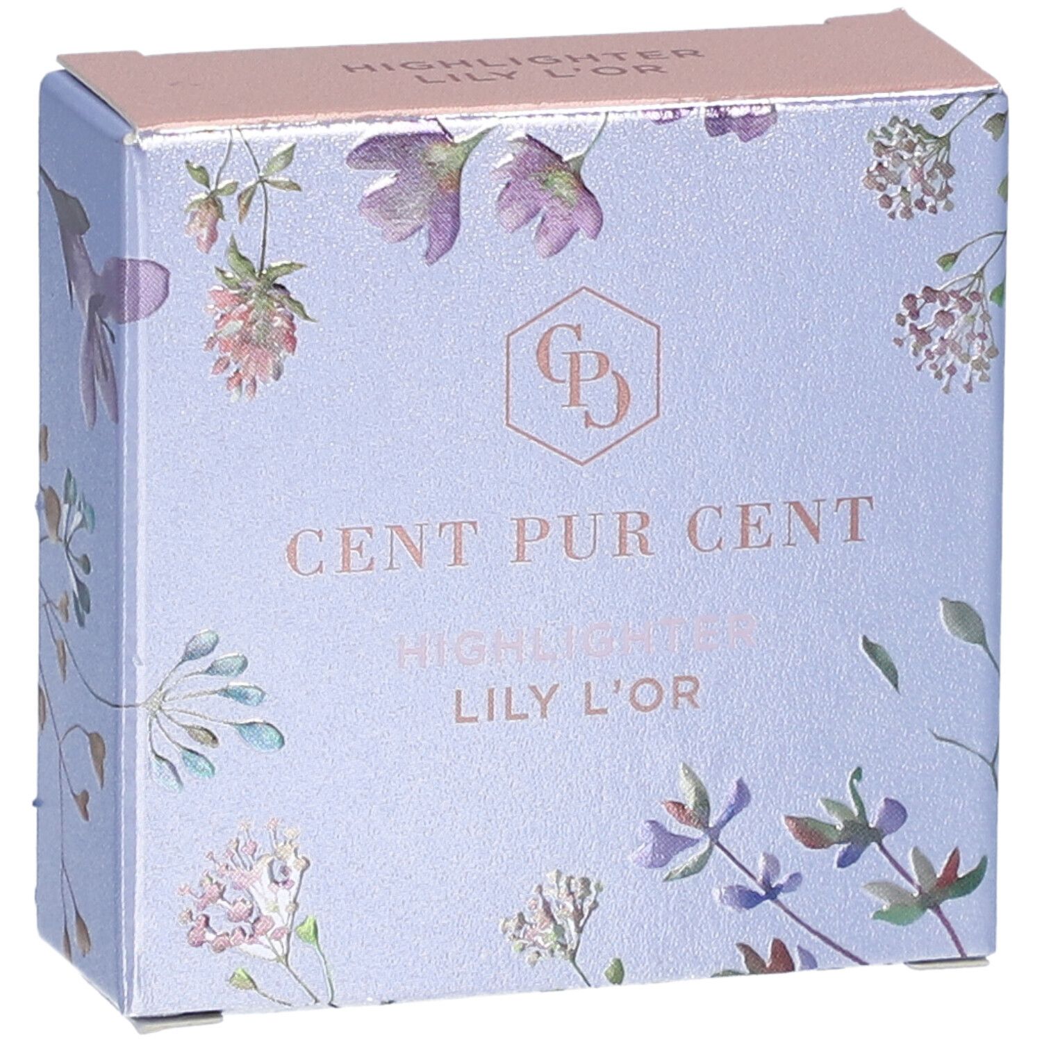 Bovenaanzicht van de verpakking van de Cent Pur Cent Textmarker Lily L'or. Lichtblauwe doos met bloemmotief en productnaam.
