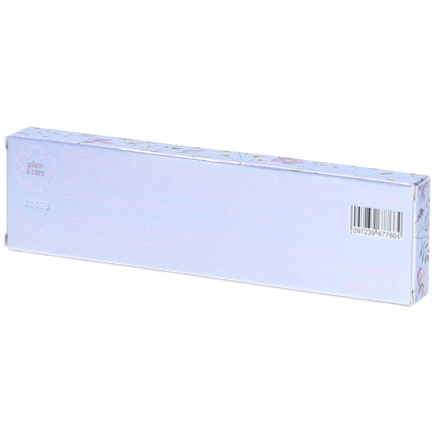 Rückseite der Verpackung mit Barcode und floralem Muster. Hellblauer Hintergrund.