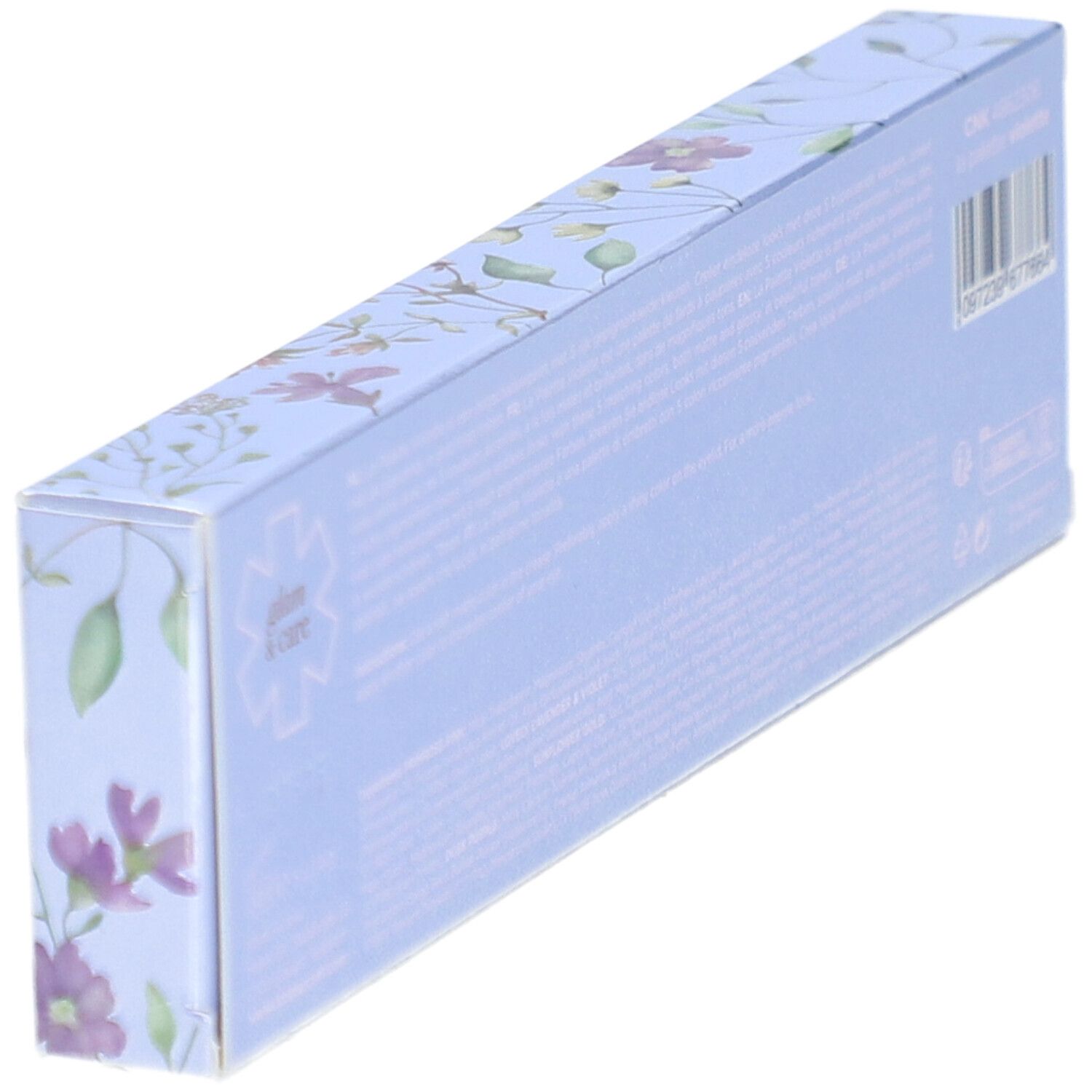 Schräg gestellte Verpackung mit floralem Muster und Text. Hellblauer Hintergrund.