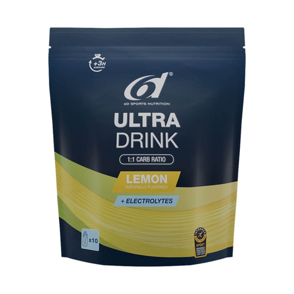 Zak 6D Sports Nutrition Ultra Drink. Opschrift: Ultra Drink, 1:1 Carb Ratio, Lemon, + Electrolytes. Met logo en certificering.