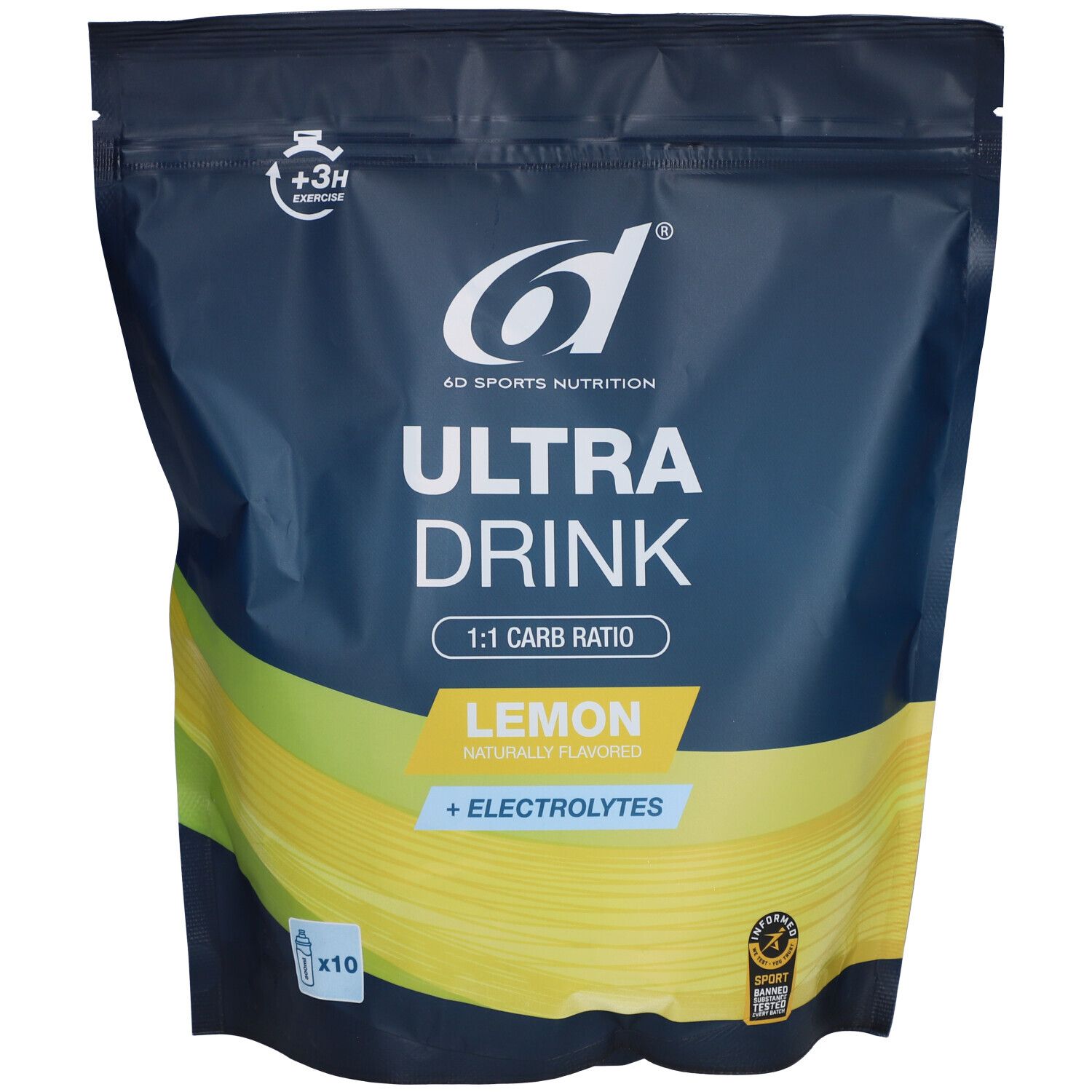 Zak 6D Sports Nutrition Ultra Drink. Opschrift: Ultra Drink, 1:1 Carb Ratio, Lemon, + Electrolytes. Met logo en certificering.