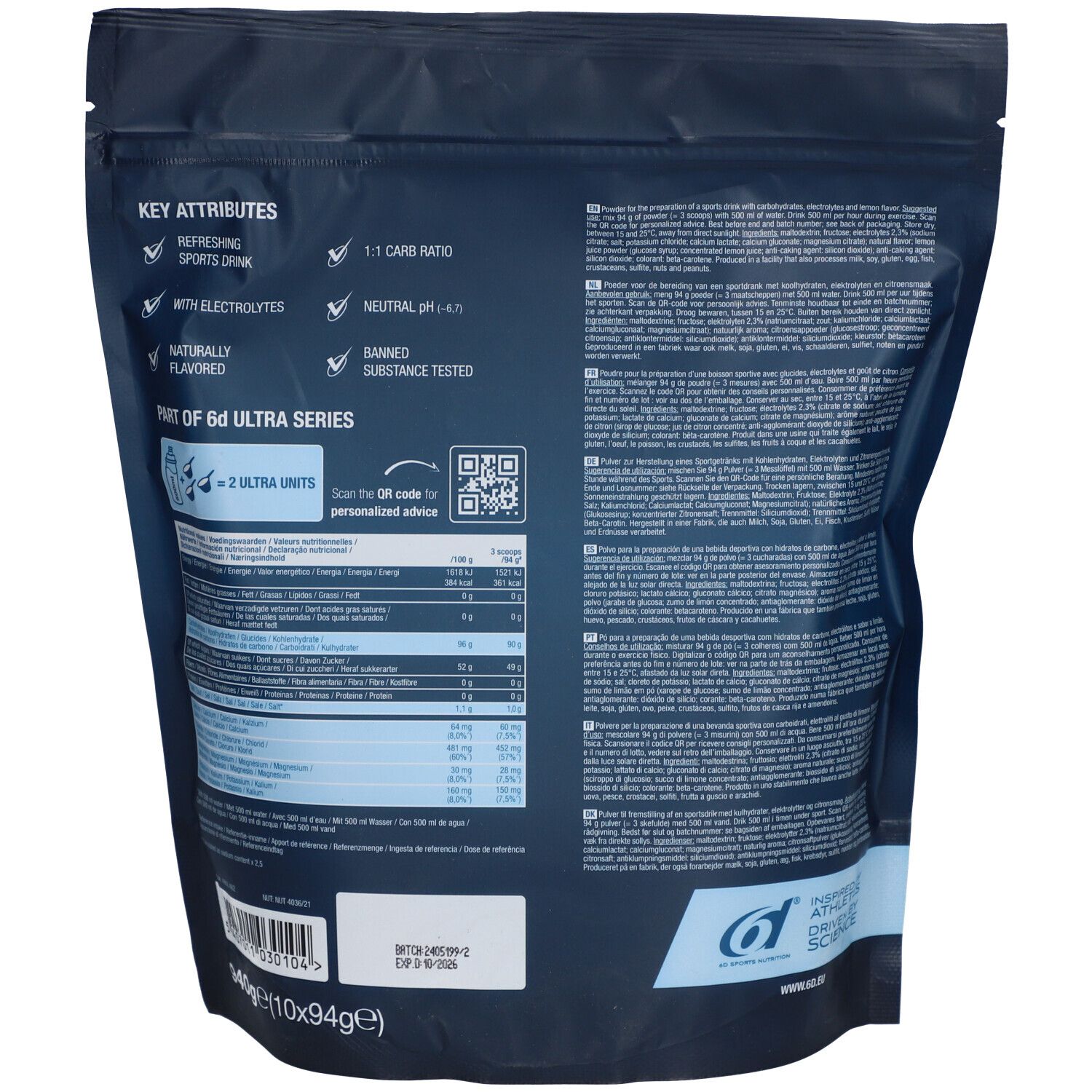 Achterkant van de zak 6D Ultra Drink. Tekst: Key Attributes, 1:1 Carb Ratio, Neutral pH, Banned Substance Tested. Met QR-code en voedingswaarde.