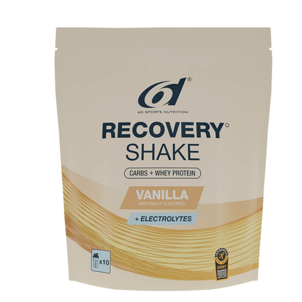 Zak met productopdruk. Opschrift: Recovery Shake, Vanille, Elektrolyten. Logo: 6d Sports Nutrition. x10 verpakking.