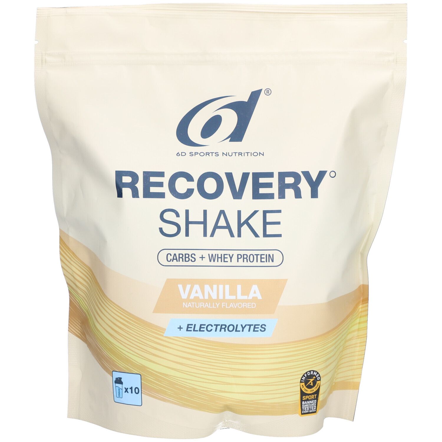 Zak met productopdruk. Opschrift: Recovery Shake, Vanille, Elektrolyten. Logo: 6d Sports Nutrition. x10 verpakking.