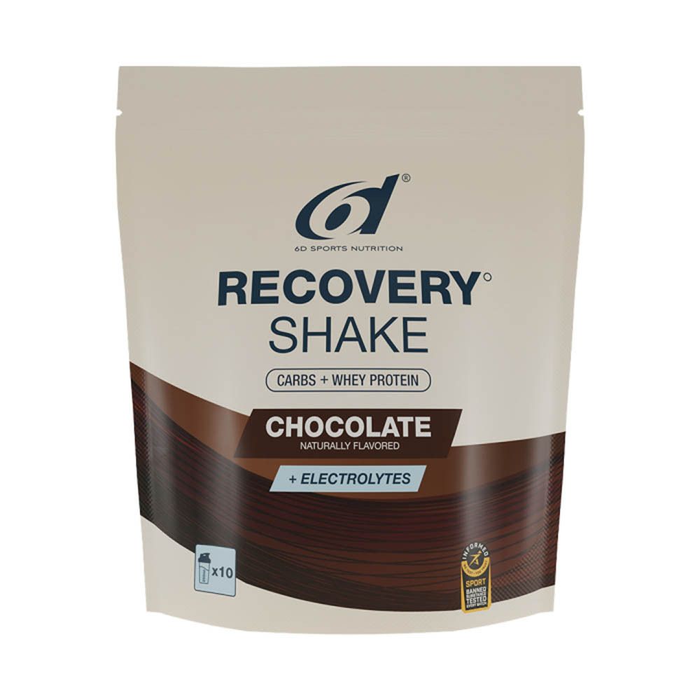 Zak 6d Sports Nutrition Recovery Shake chocolade. Opschrift: Carbs + Whey Protein, + Electrolytes. Zegel: x10.