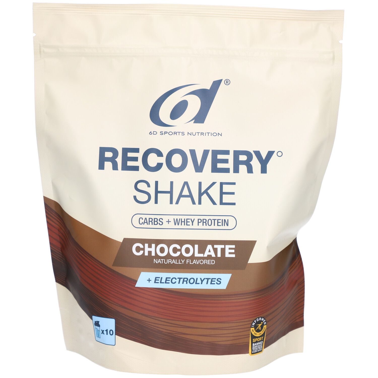 Zak 6d Sports Nutrition Recovery Shake chocolade. Opschrift: Carbs + Whey Protein, + Electrolytes. Zegel: x10.