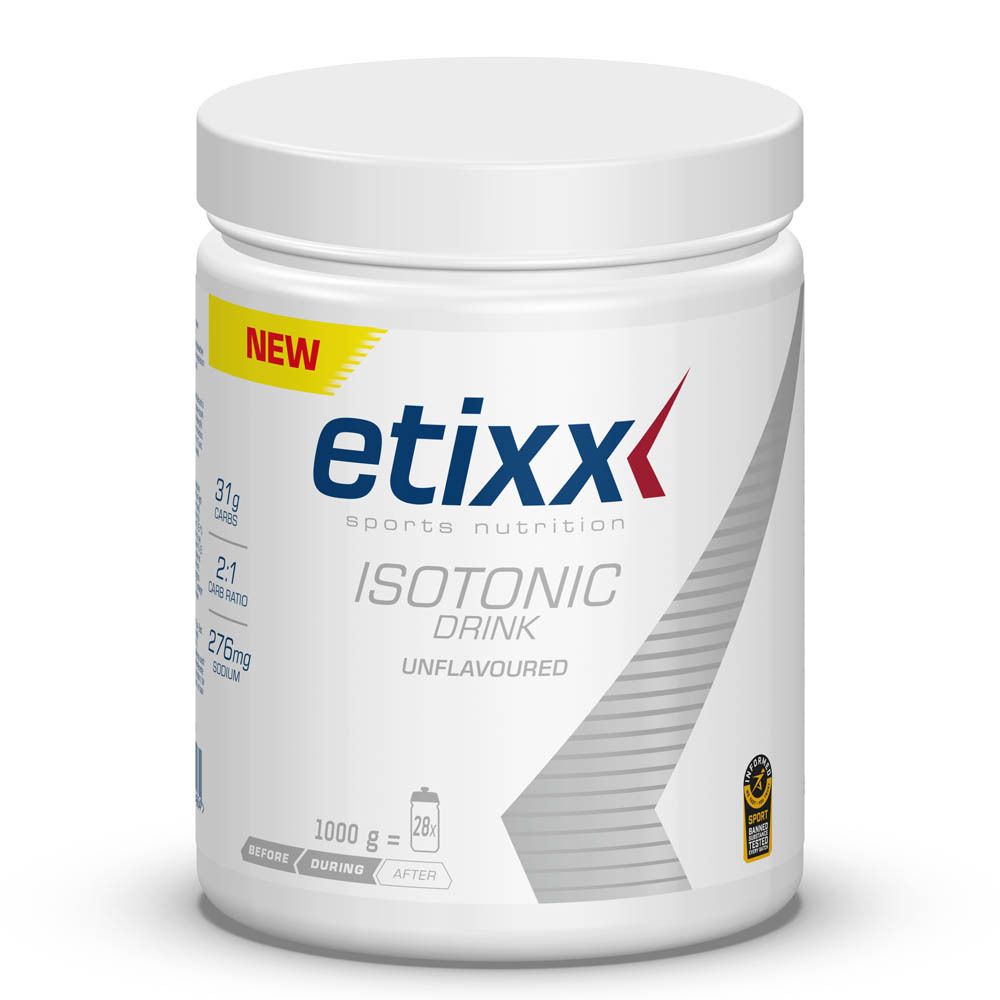 Pot blanc Etixx Isotonic Drink. Étiquette jaune 'NEW'. 1000g, 28 portions. Inscription : Unflavoured.