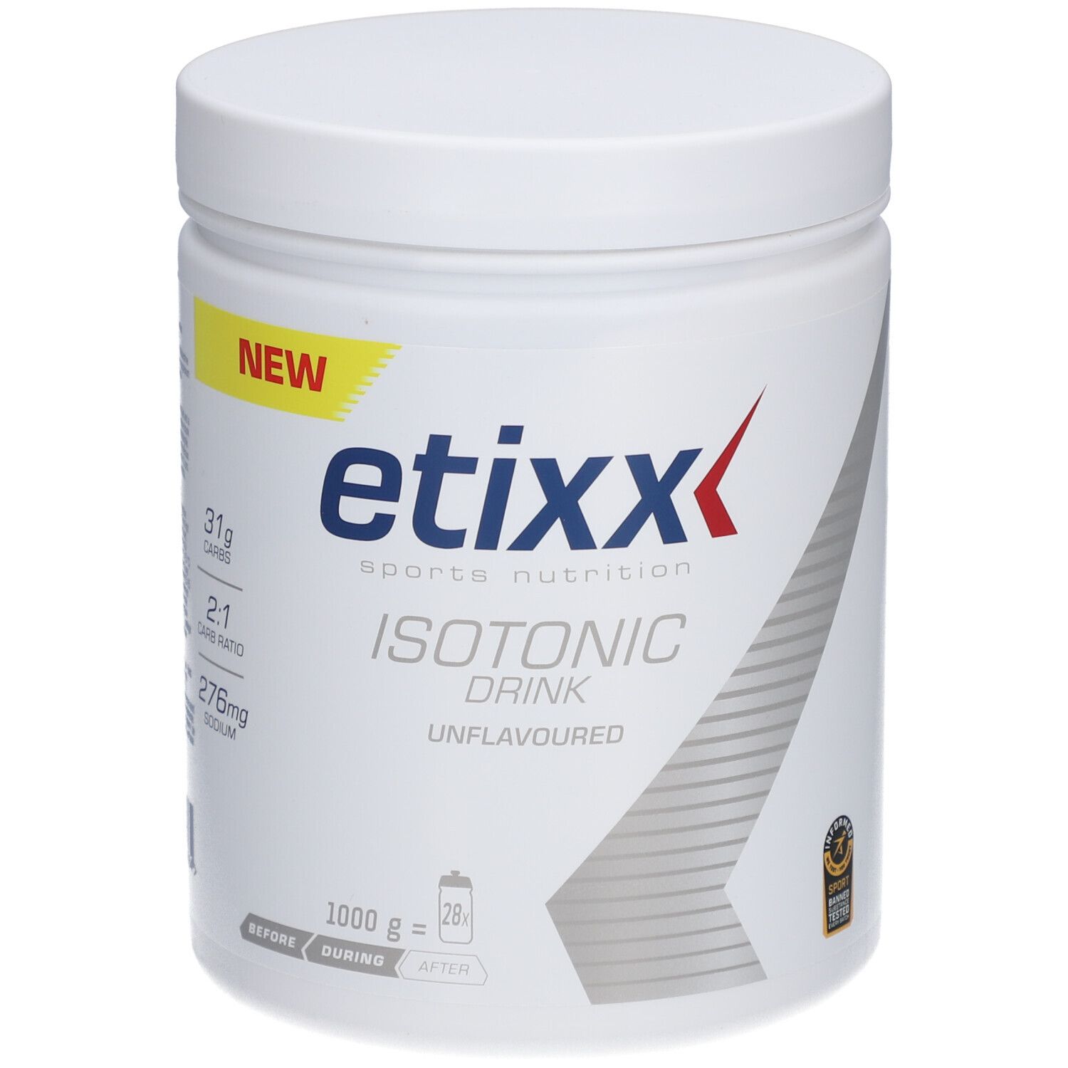 Pot blanc Etixx Isotonic Drink. Étiquette jaune 'NEW'. 1000g, 28 portions. Inscription : Unflavoured.