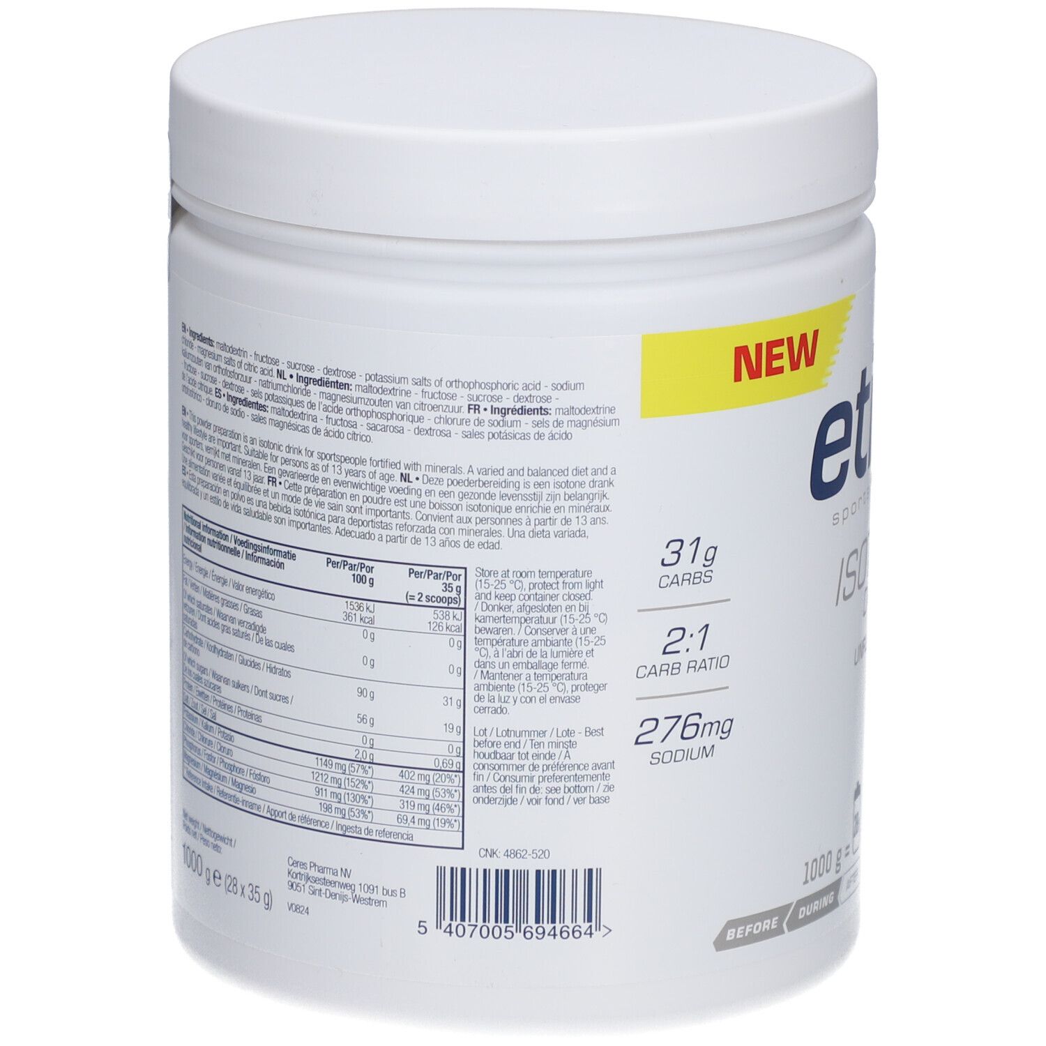 Dos du pot blanc. Contient informations nutritionnelles et ingrédients. Étiquette 'NEW'. 1000g. Etixx Sports Nutrition.
