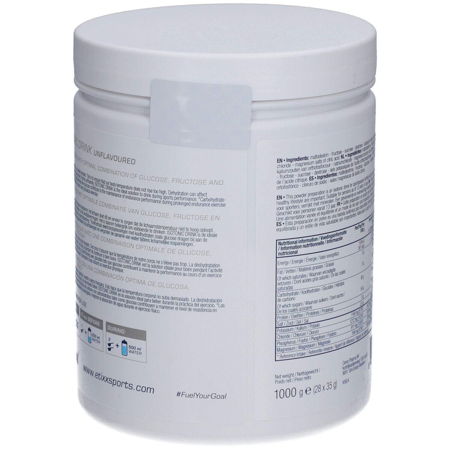 Dos du pot blanc. Contient informations nutritionnelles et ingrédients. 1000g. Etixx Sports Nutrition. 'Fuel your Goal'.