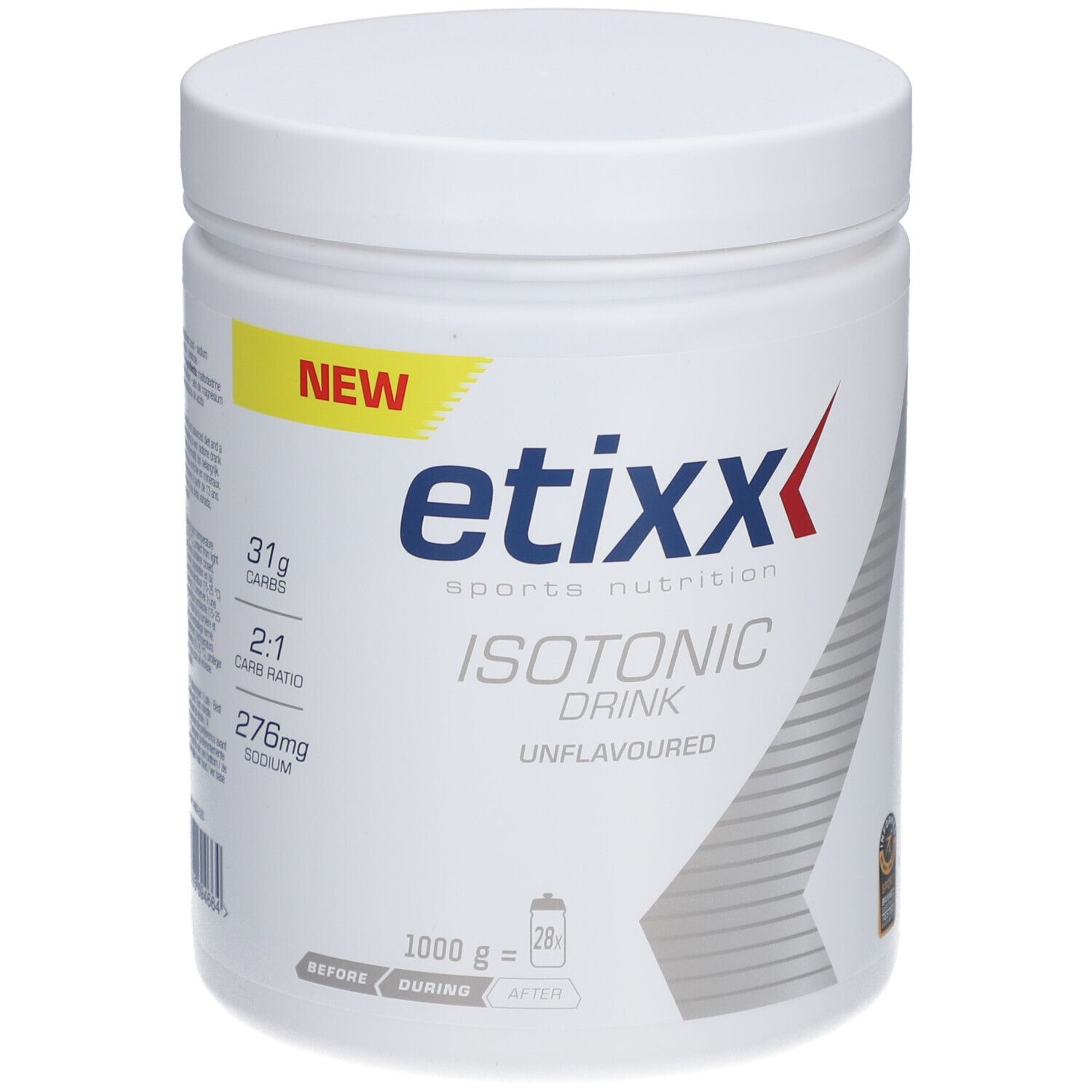 Pot blanc Etixx Isotonic Drink. Étiquette jaune 'NEW'. 1000g, 28 portions. Inscription : Unflavoured.