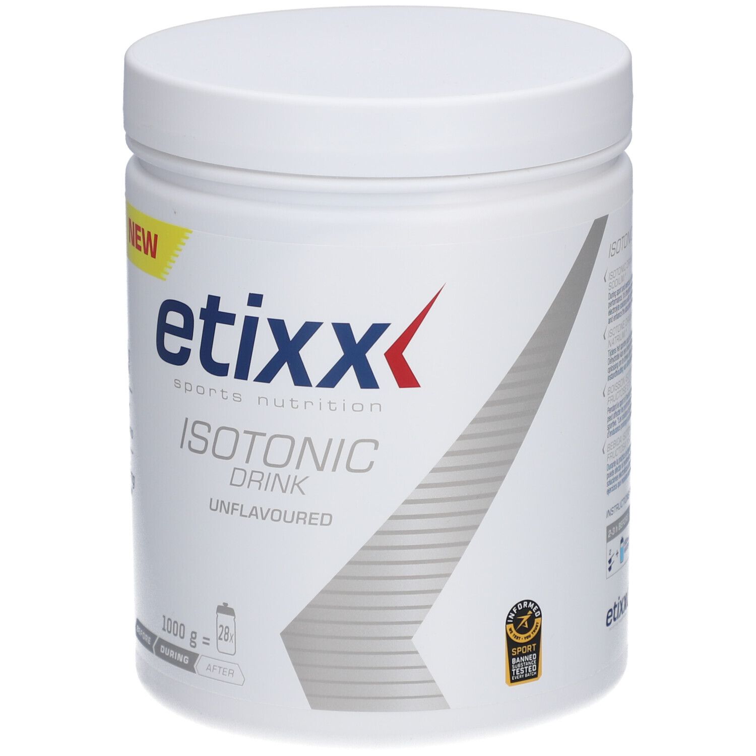 Pot blanc Etixx Isotonic Drink. Étiquette jaune 'NEW'. 1000g, 28 portions. Inscription : Unflavoured. Sceau.