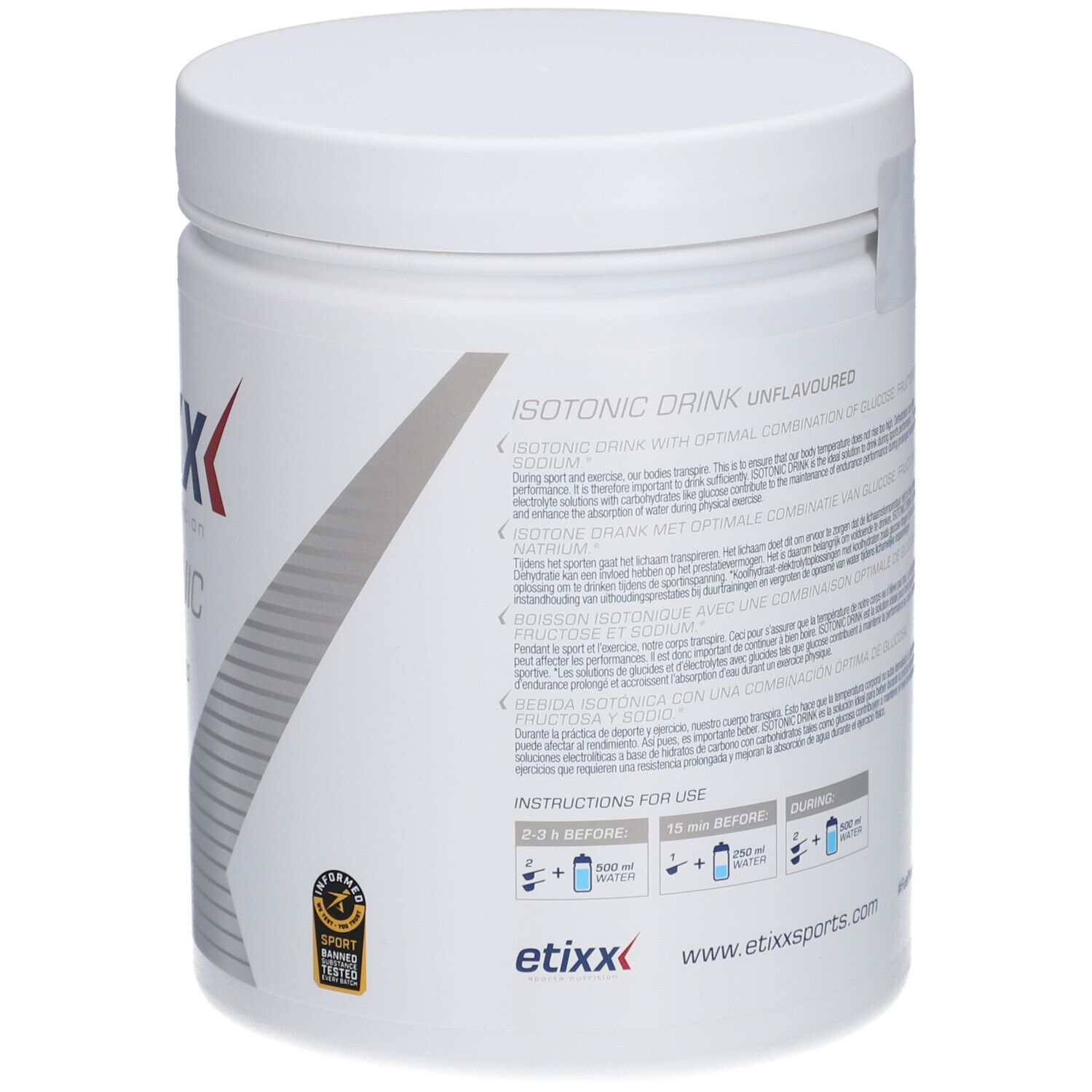 Dos du pot blanc. Contient informations nutritionnelles et mode d'emploi. Etixx Sports Nutrition. Sceau.