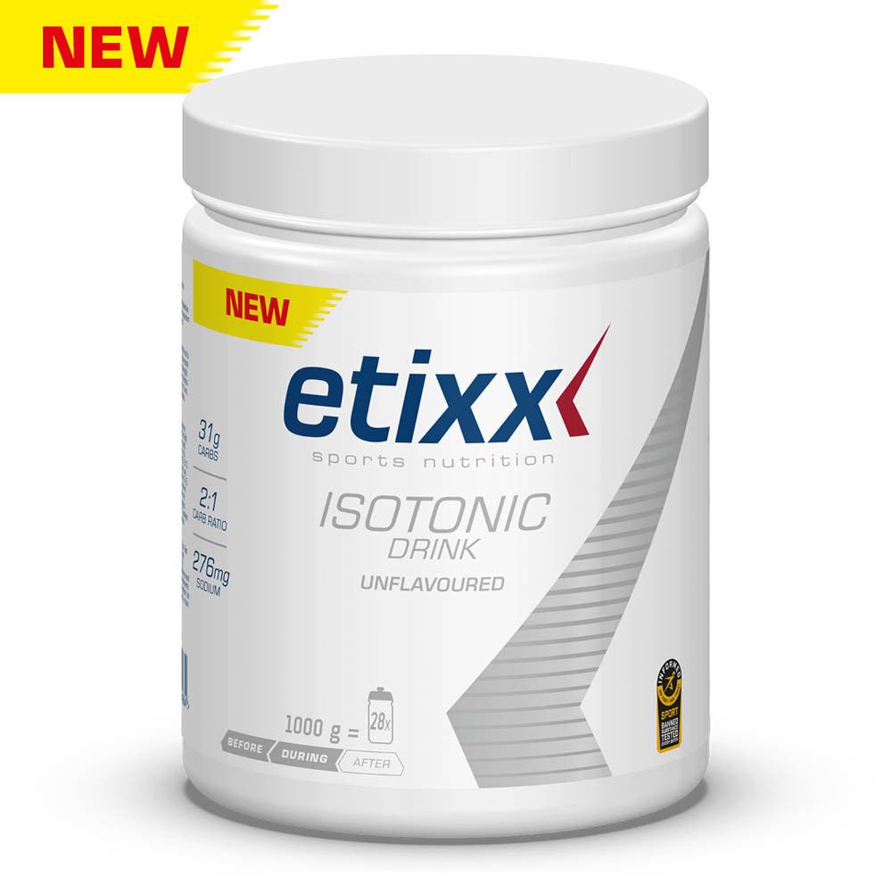 Pot blanc Etixx Isotonic Drink. Étiquette jaune 'NEW'. 1000g, 28 portions. Inscription : Unflavoured.