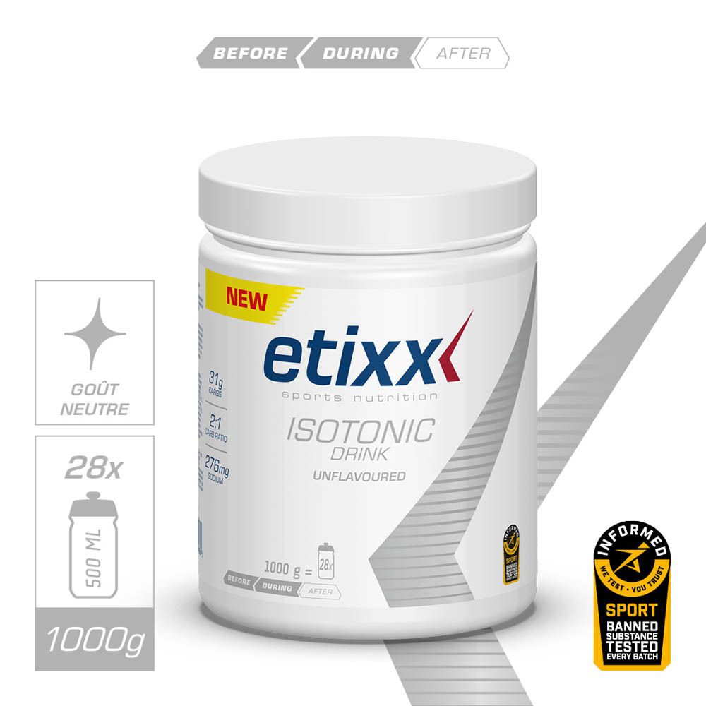 Pot blanc Etixx Isotonic Drink. Étiquette jaune 'NEW'. 1000g, 28 portions. Inscription : Unflavoured.