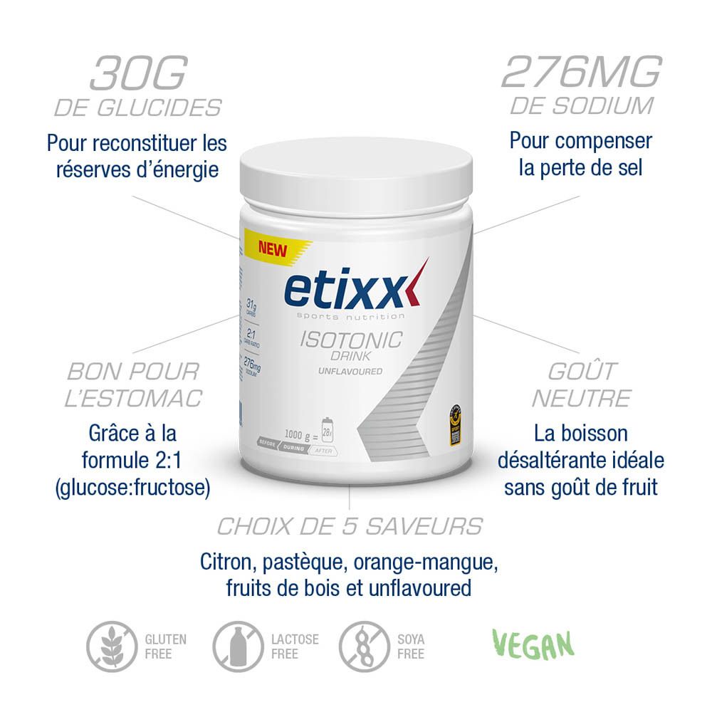 Pot blanc Etixx Isotonic Drink. Étiquette jaune 'NEW'. 1000g, 28 portions. Inscription : Unflavoured.