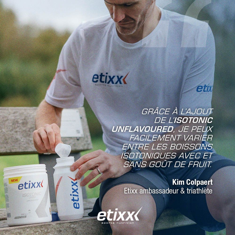 Dos du pot blanc. Contient informations nutritionnelles. Sceau. Etixx Sports Nutrition. 'Sport Banned Tested'.