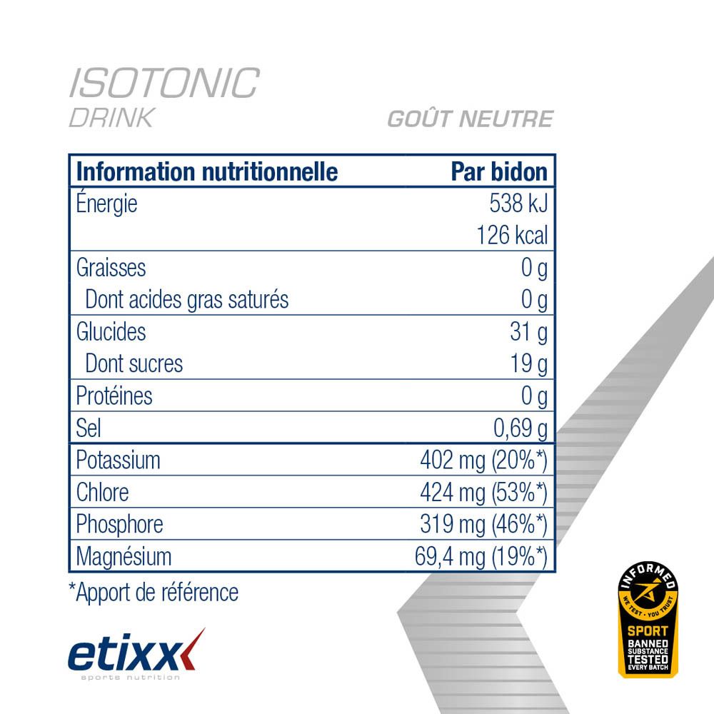 Pot blanc Etixx Isotonic Drink. Étiquette jaune 'NEW'. 1000g, 28 portions. Inscription : Unflavoured.