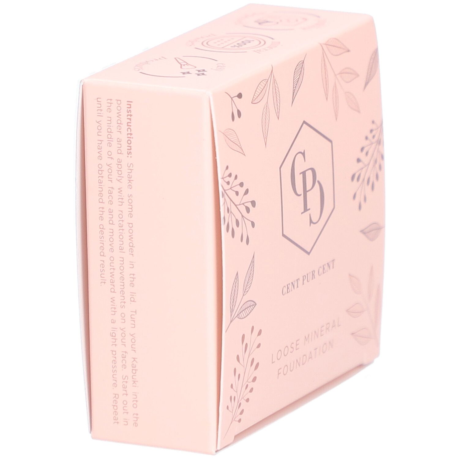 Schrägansicht der rosa Verpackung. Text: „Cent Pur Cent Loose Mineral Foundation“. Anweisungen auf der Seite.