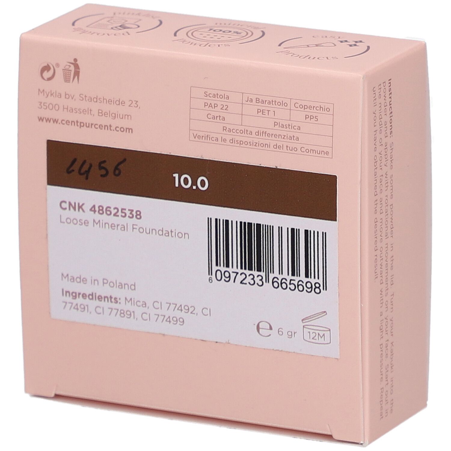Rückseite der rosa Verpackung. Enthält Produktinformationen, Barcode und „10.0“. Hergestellt in Polen.