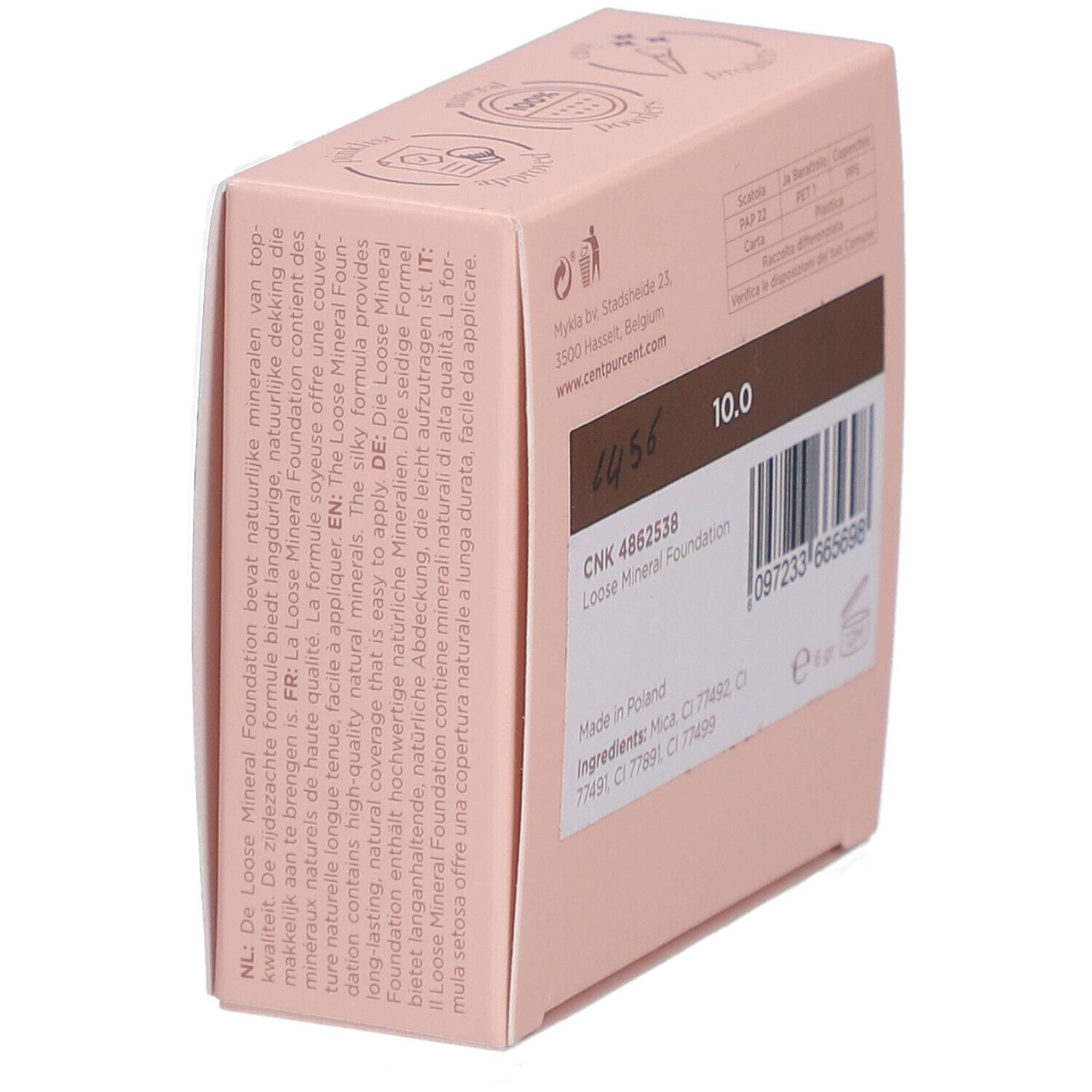Schrägansicht der Verpackung. Text: „Loose Mineral Foundation 10.0“. Hergestellt in Polen. Inhaltsstoffe.