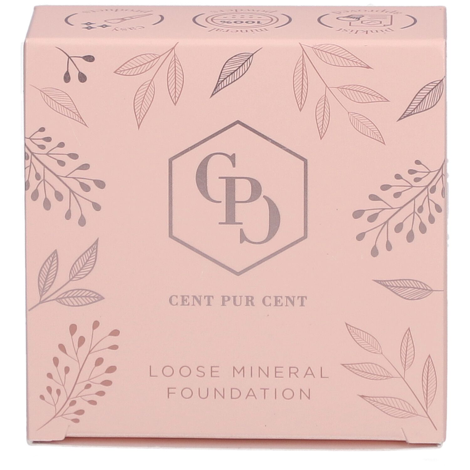 Draufsicht auf die rosa Verpackung. Logo und Text: „Cent Pur Cent Loose Mineral Foundation“.