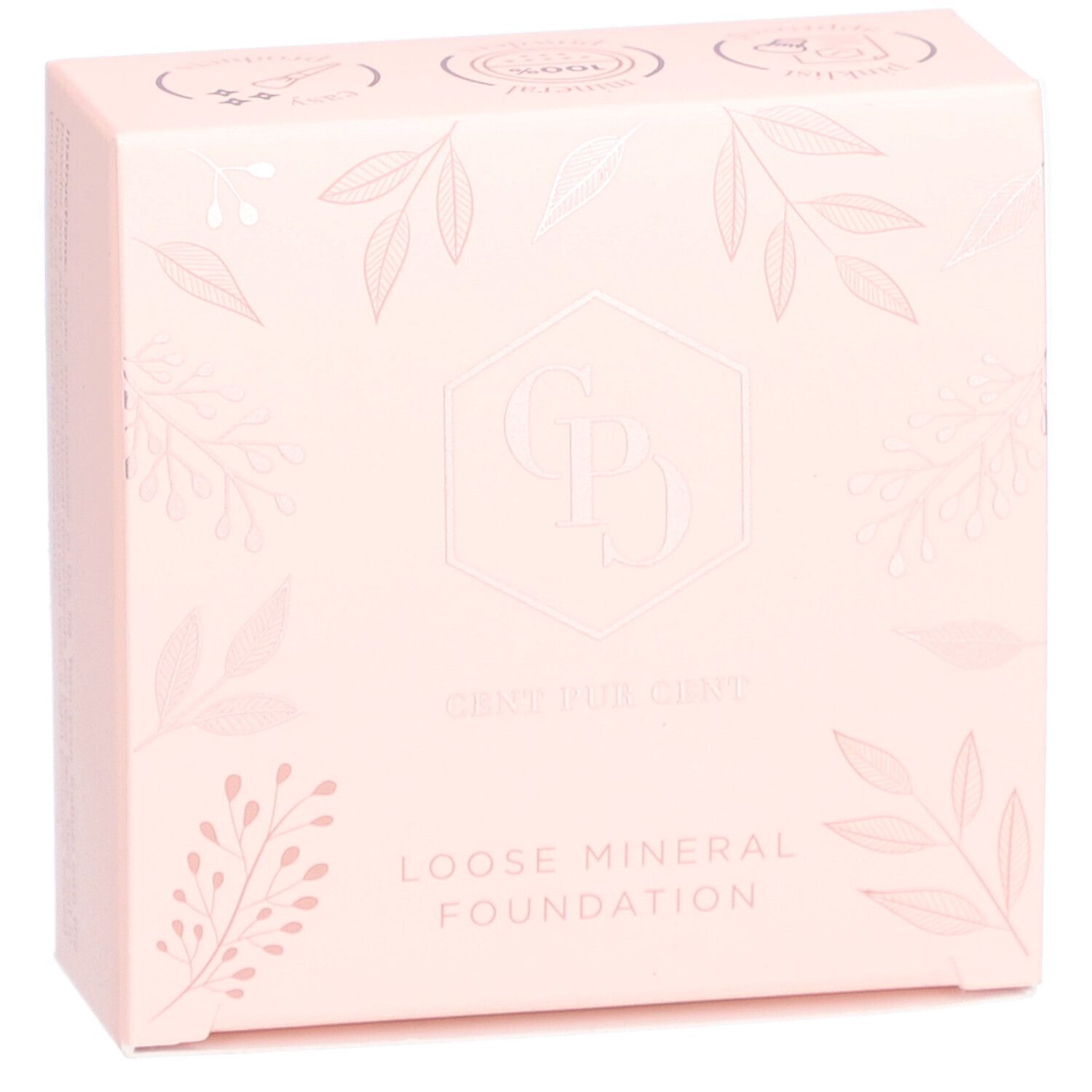 Rosa Verpackung mit Logo und Text: „Cent Pur Cent Loose Mineral Foundation“. Floral Muster.