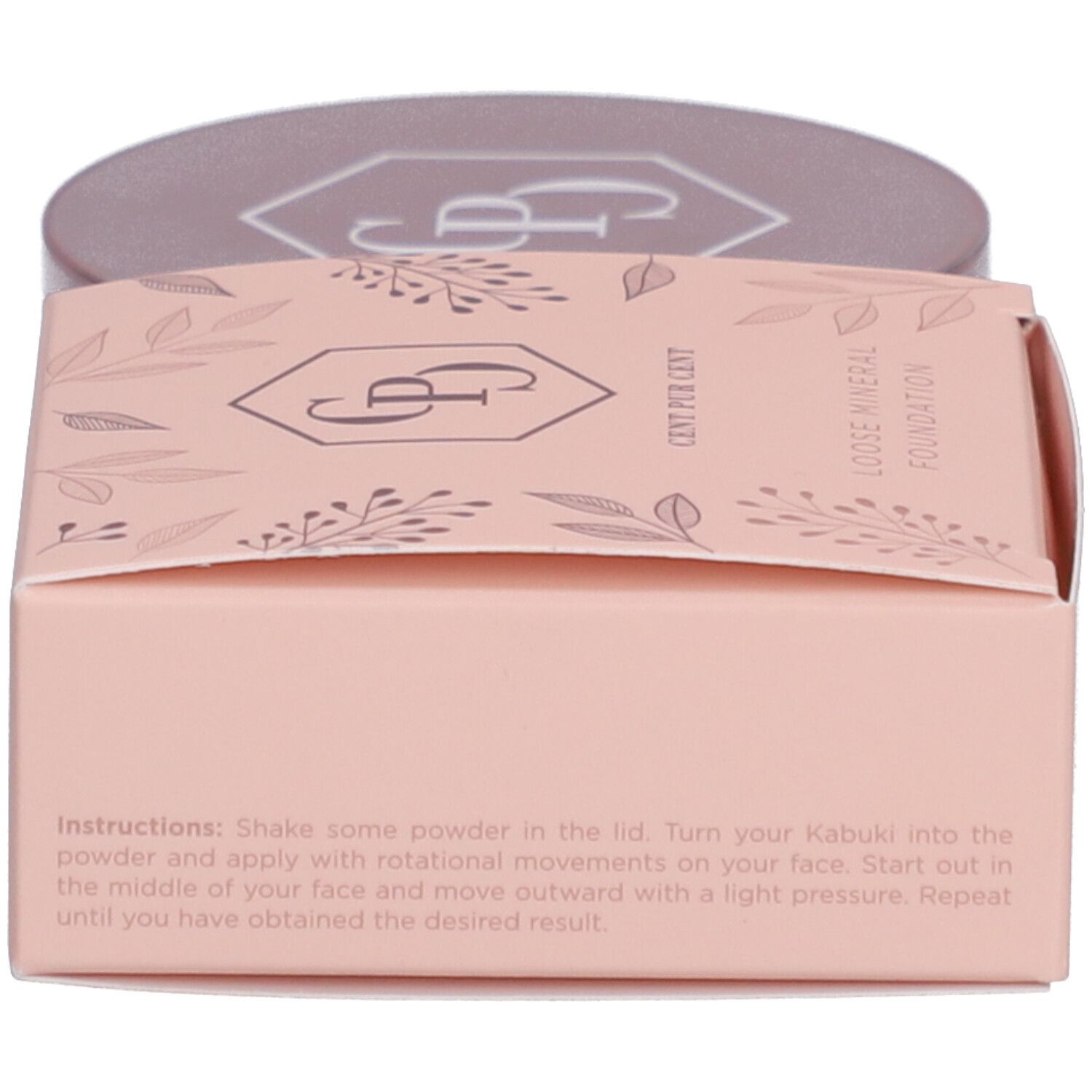 Rosa Schachtel mit Produktinformationen. Text: Loose Mineral Foundation, Lightweight Skin Improving Foundation. Anweisungen.
