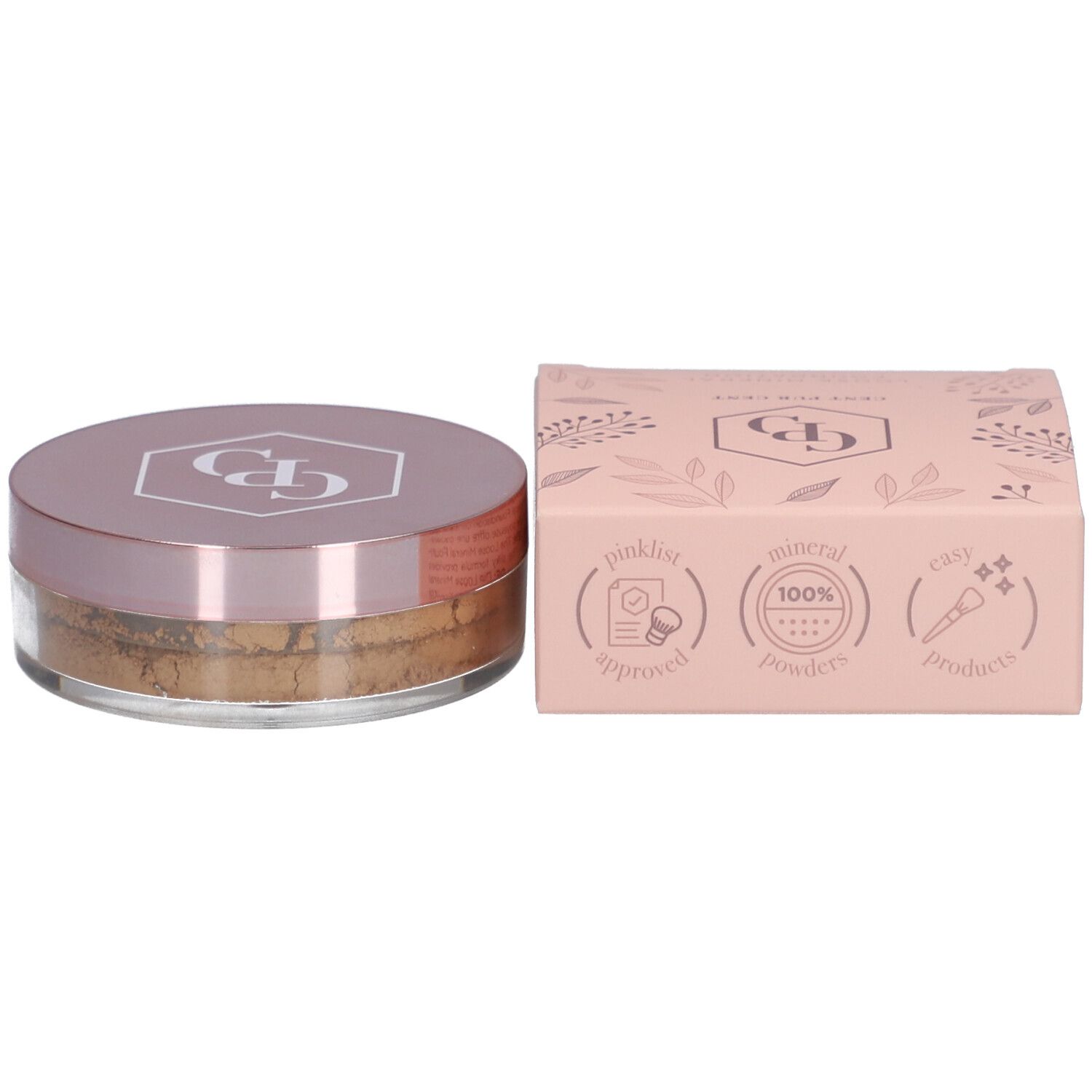 Puder-Foundation und Verpackung. Rosa Dose mit Deckel und Logo. Rosa Schachtel mit Logos und Text.