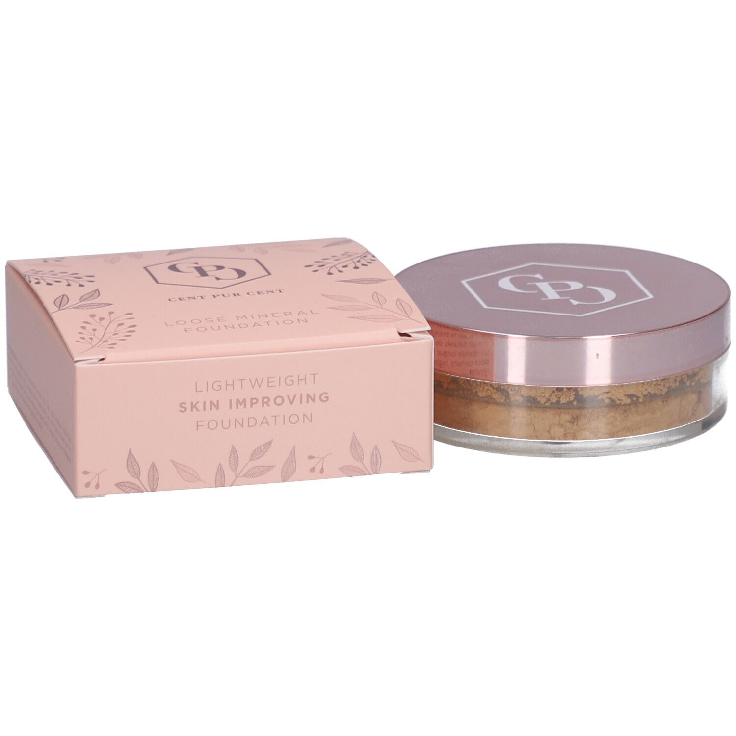 Puder-Foundation und Verpackung. Rosa Dose mit Deckel und Logo. Rosa Schachtel mit Schriftzug und Blättern.