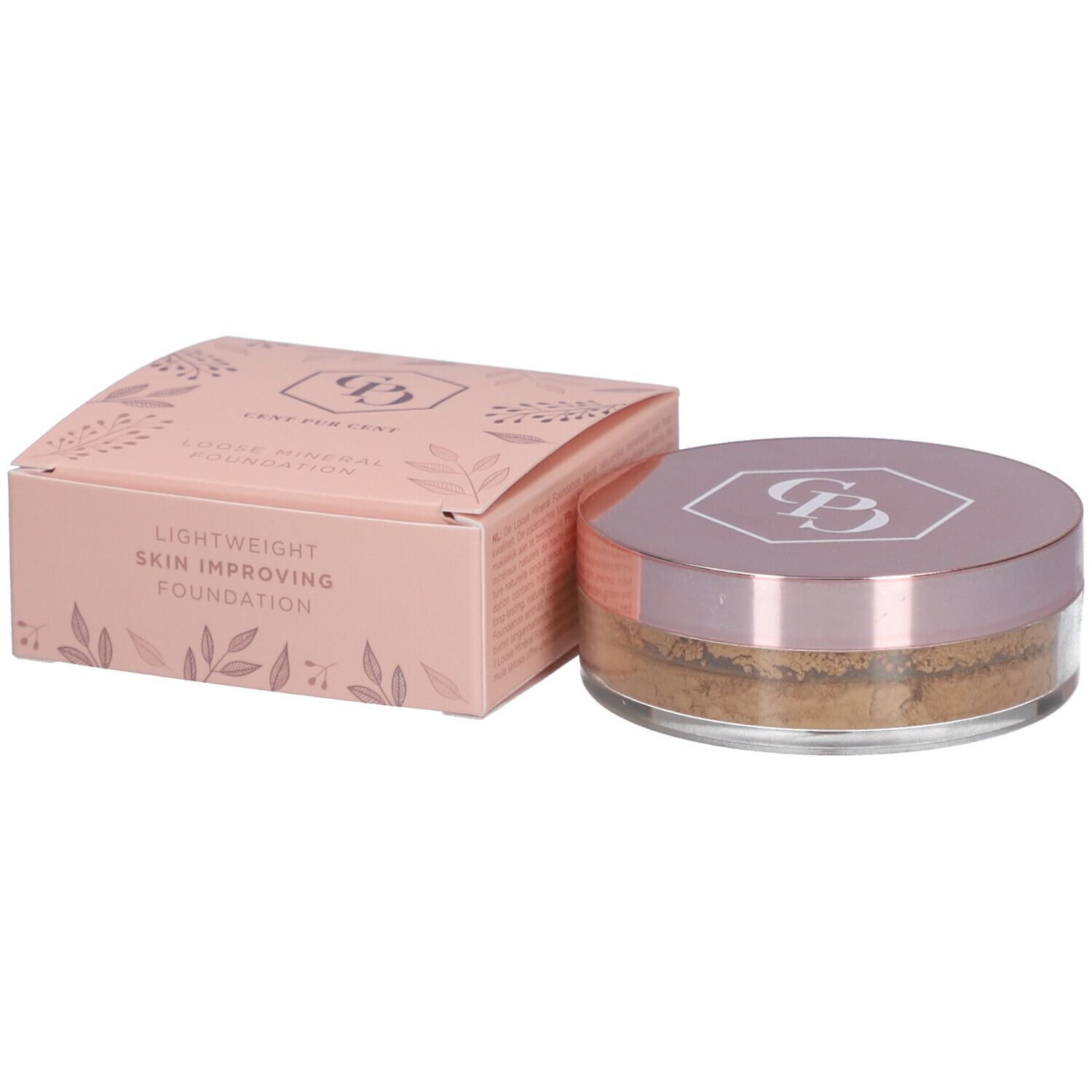 Puder-Foundation und Verpackung. Rosa Dose mit Deckel und Logo. Rosa Schachtel mit Schriftzug und Blättern.