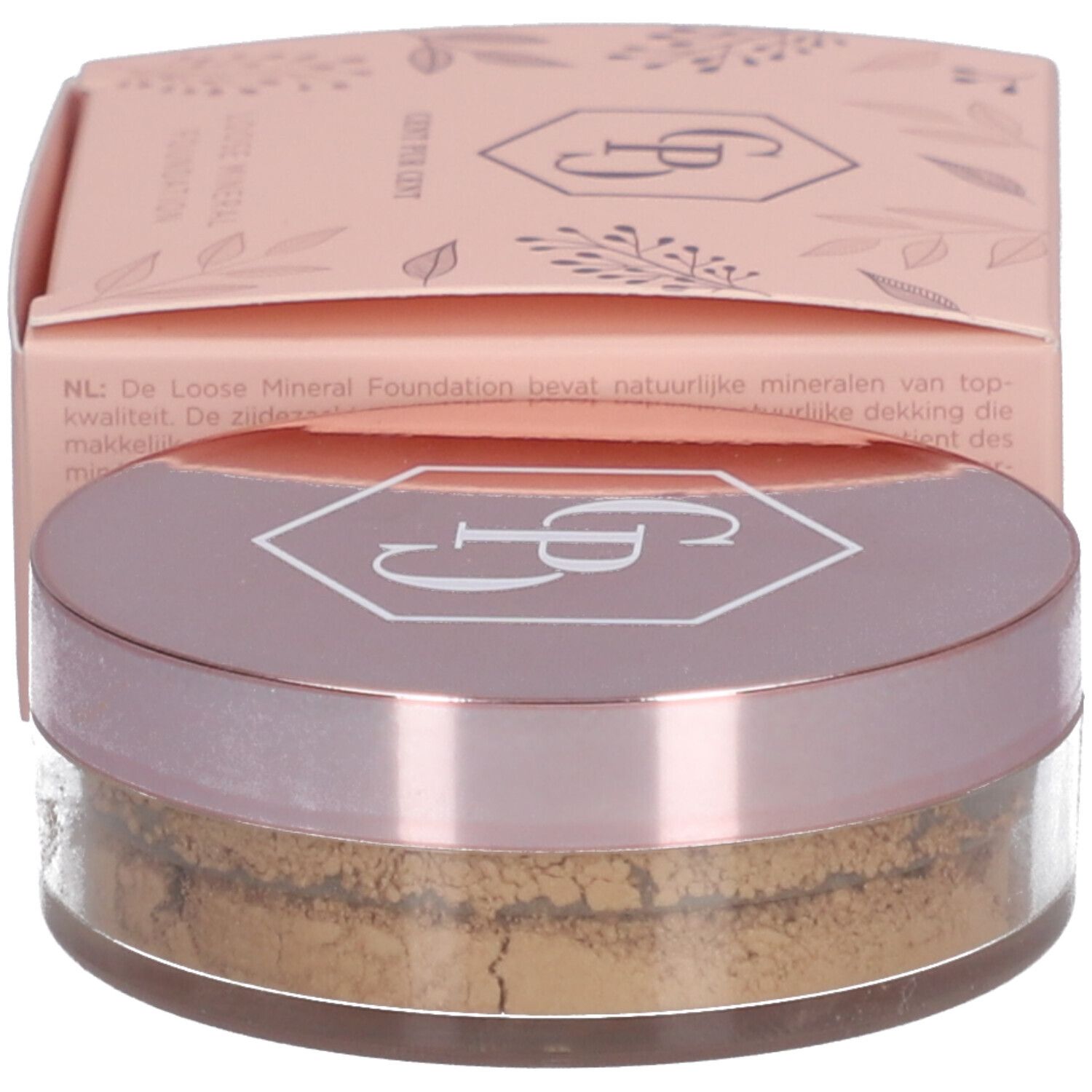 Puder-Foundation und Verpackung. Rosa Dose mit Deckel und Logo. Rosa Schachtel mit Text in Niederländisch.