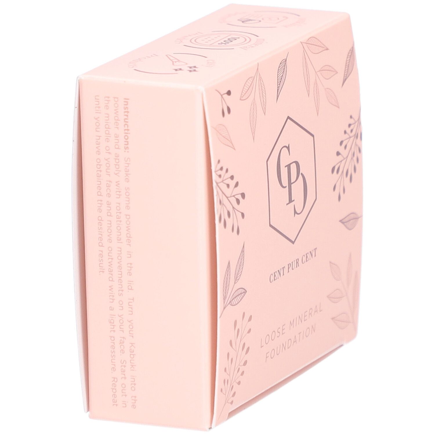 Rosa Verpackung, schräg. Logo und Schriftzug: Cent Pur Cent Loose Mineral Foundation. Text auf der Seite.