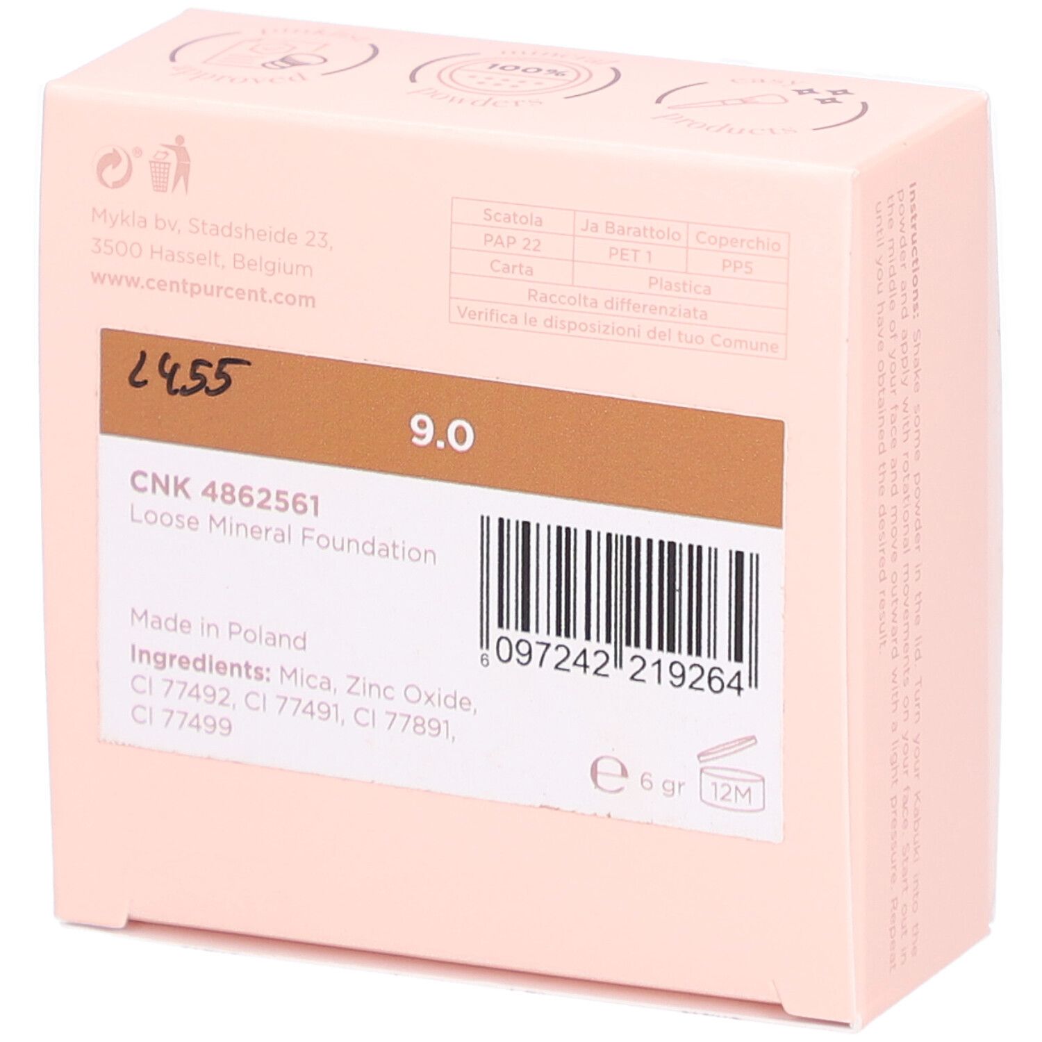 Rückseite der rosa Verpackung. Produktnummer, Farbton 9.0, Barcode, Inhaltsstoffe, 6 gr, 12M.