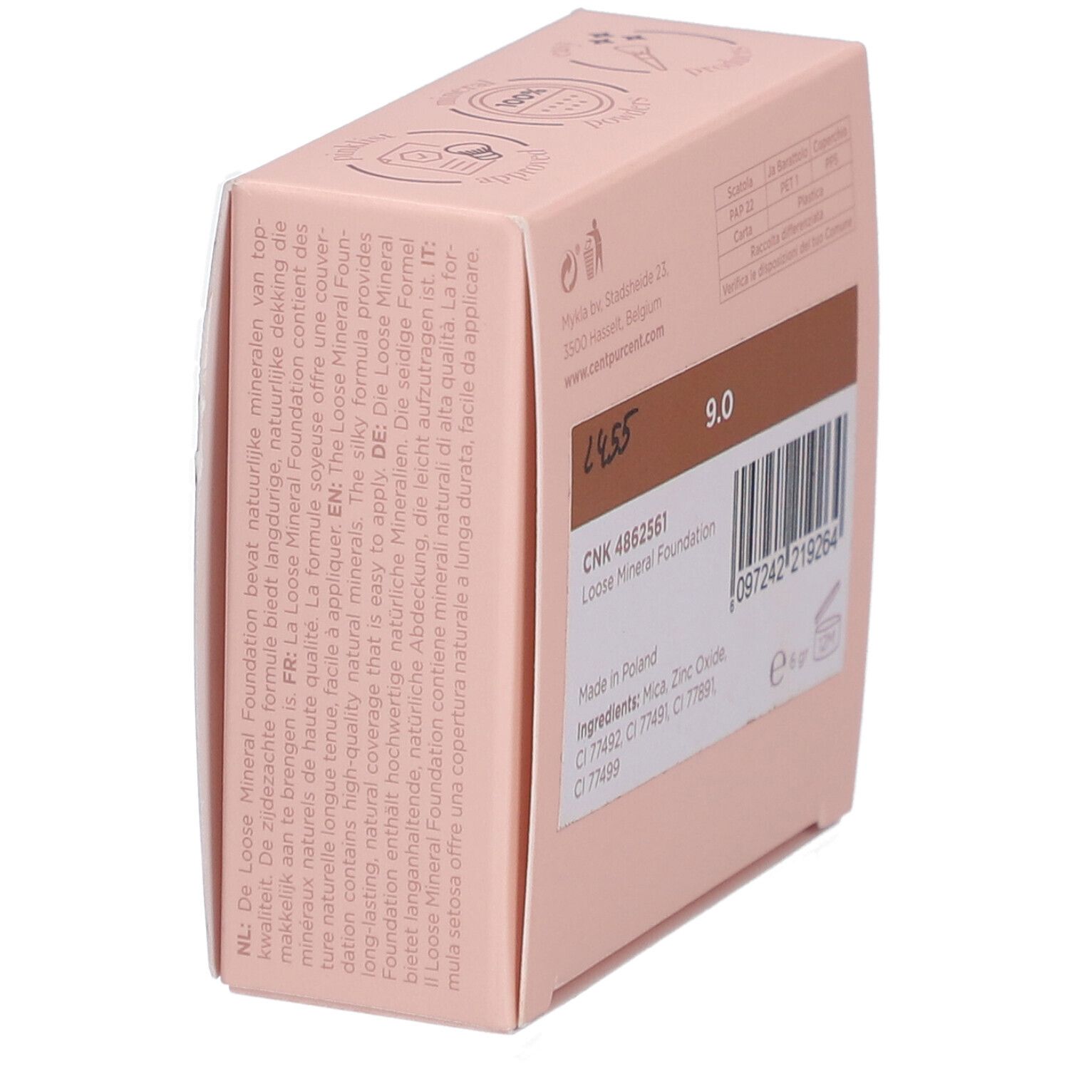 Schrägansicht der rosa Verpackung. Produktnummer, Farbton 9.0, Barcode, Inhaltsstoffe, Text.